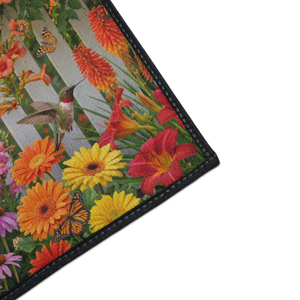 Hummingbirds and Wildflowers Floor Mat | Garden Fence Floral Doormat