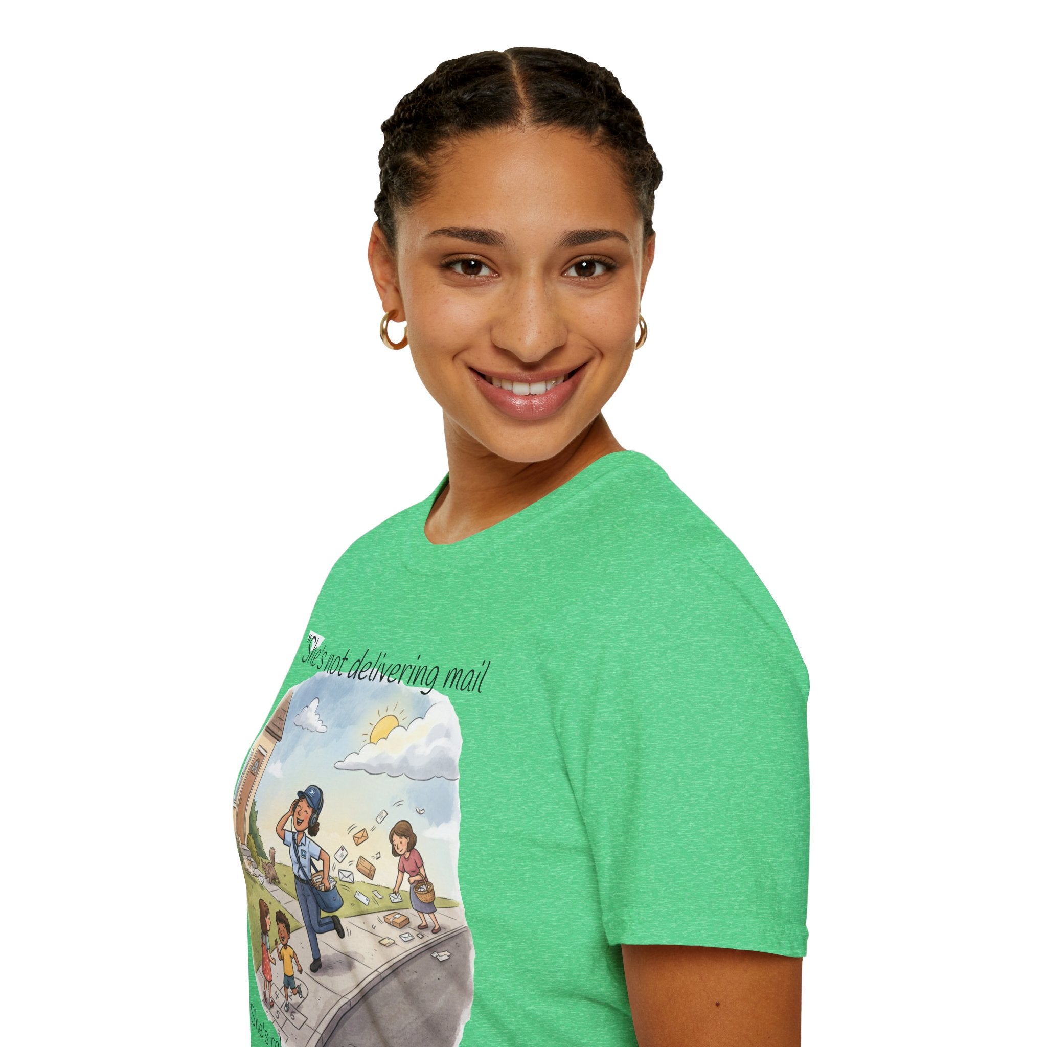 T‑Shirt – "She’s not delivering mail, she’s delivering a little wind" Cute Postal Worker Illustration Tee