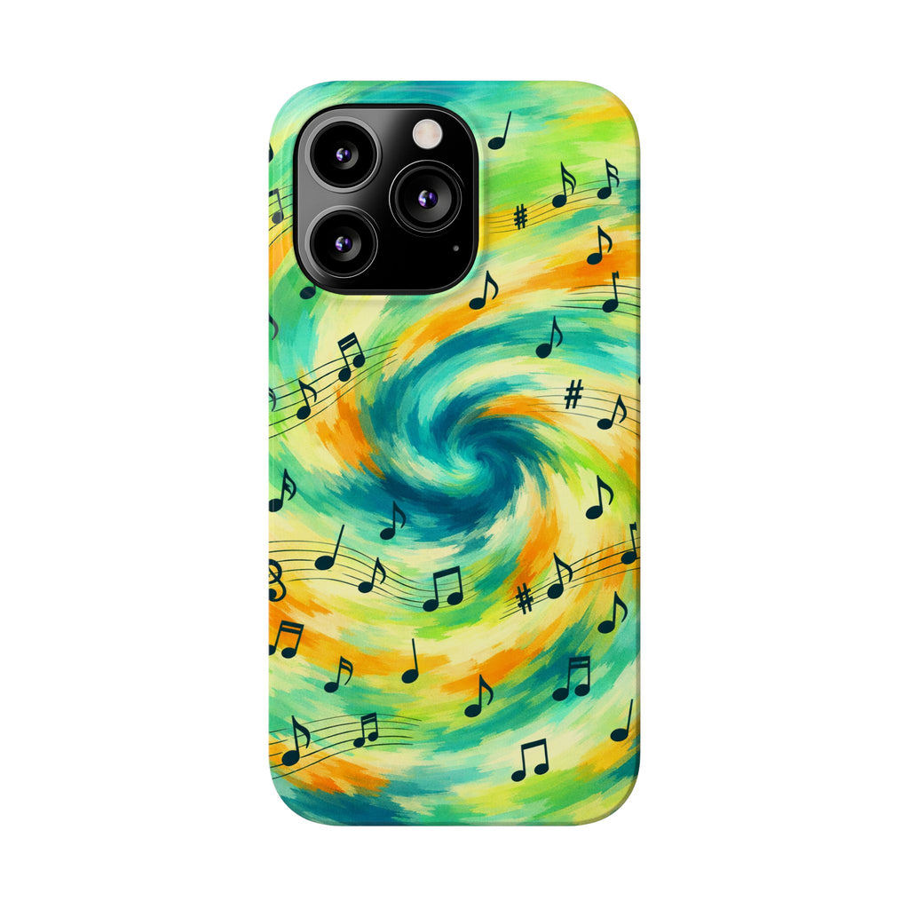 Music Notes Swirl Slim Phone Case | Colorful Turquoise Yellow Galaxy
