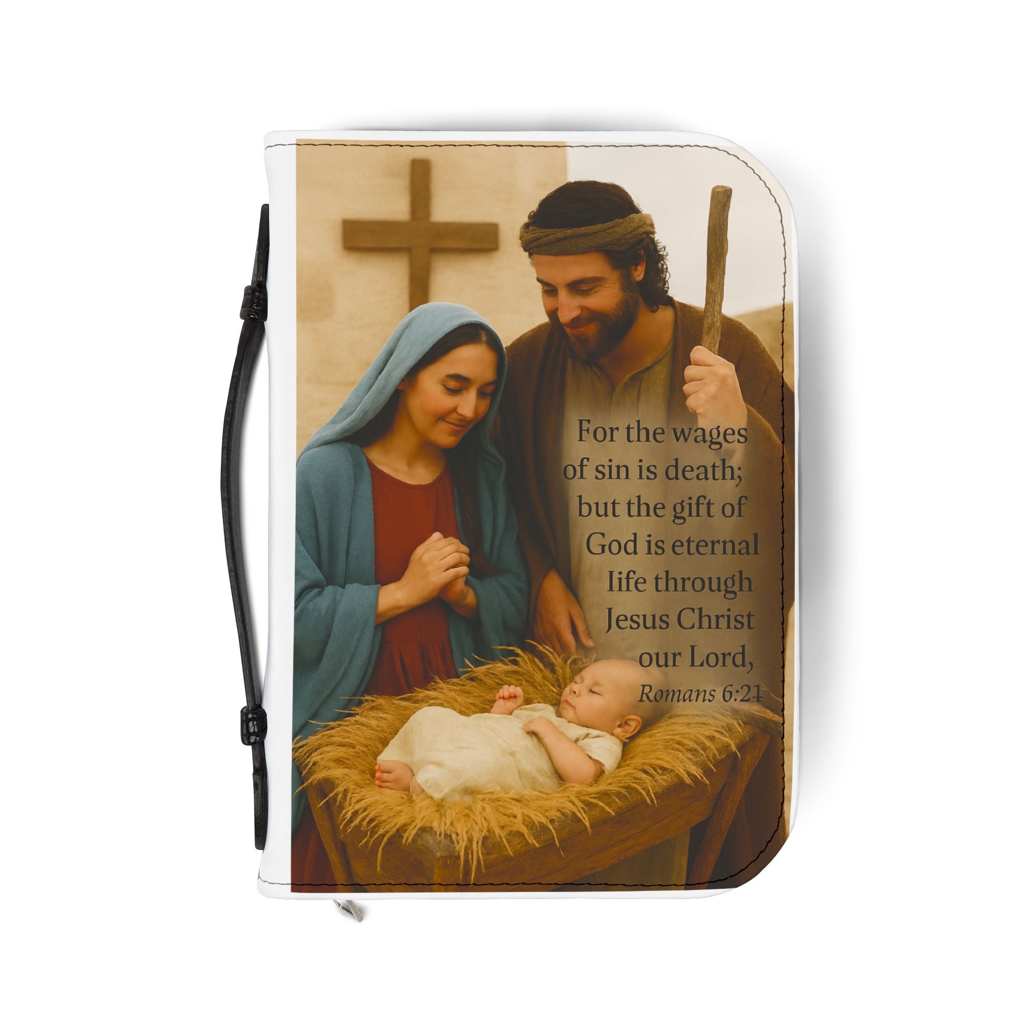 Bible Cover Baby Jesus in Manger/Mary/Joseph/Romans 6:21/ 100% PU Leather