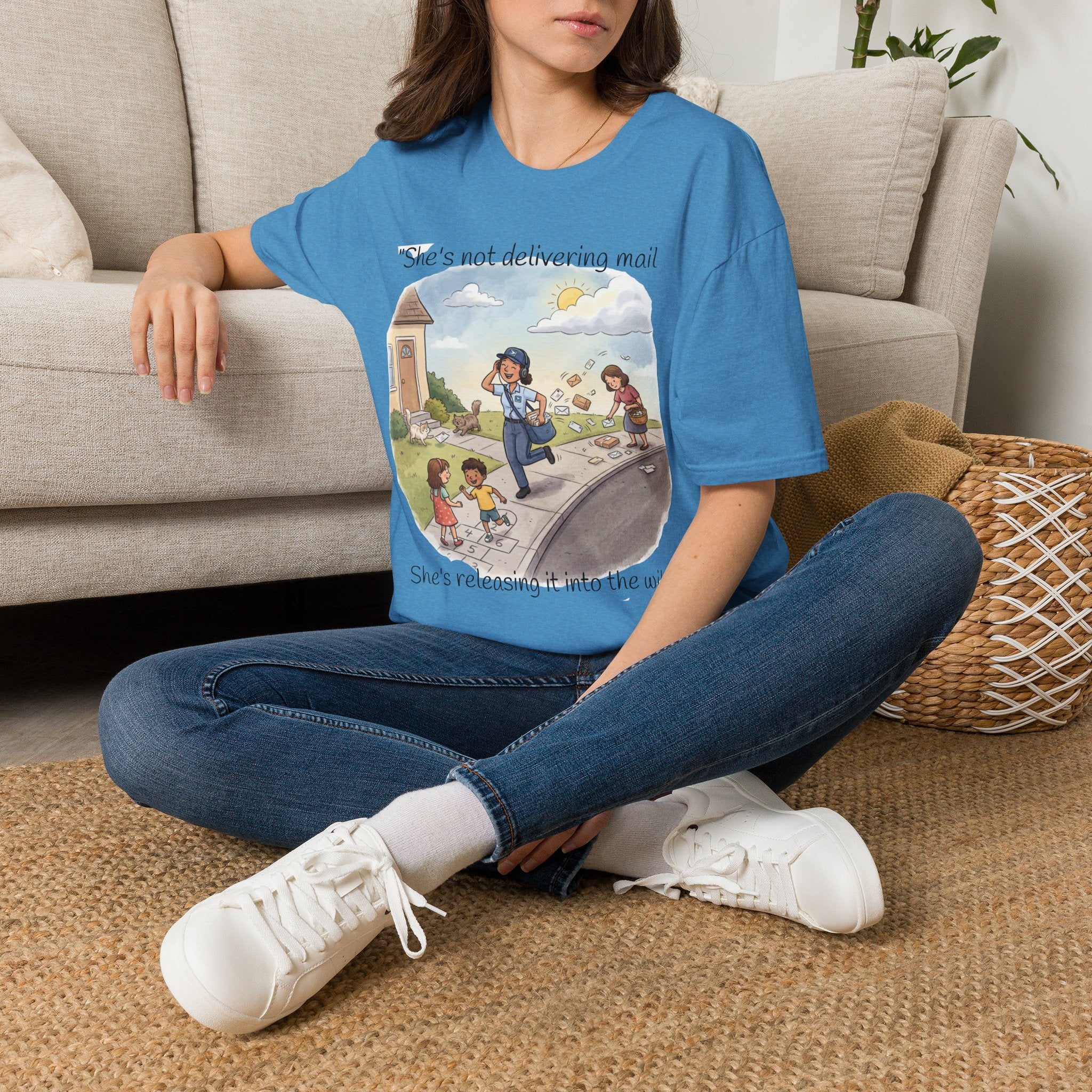 T‑Shirt – "She’s not delivering mail, she’s delivering a little wind" Cute Postal Worker Illustration Tee