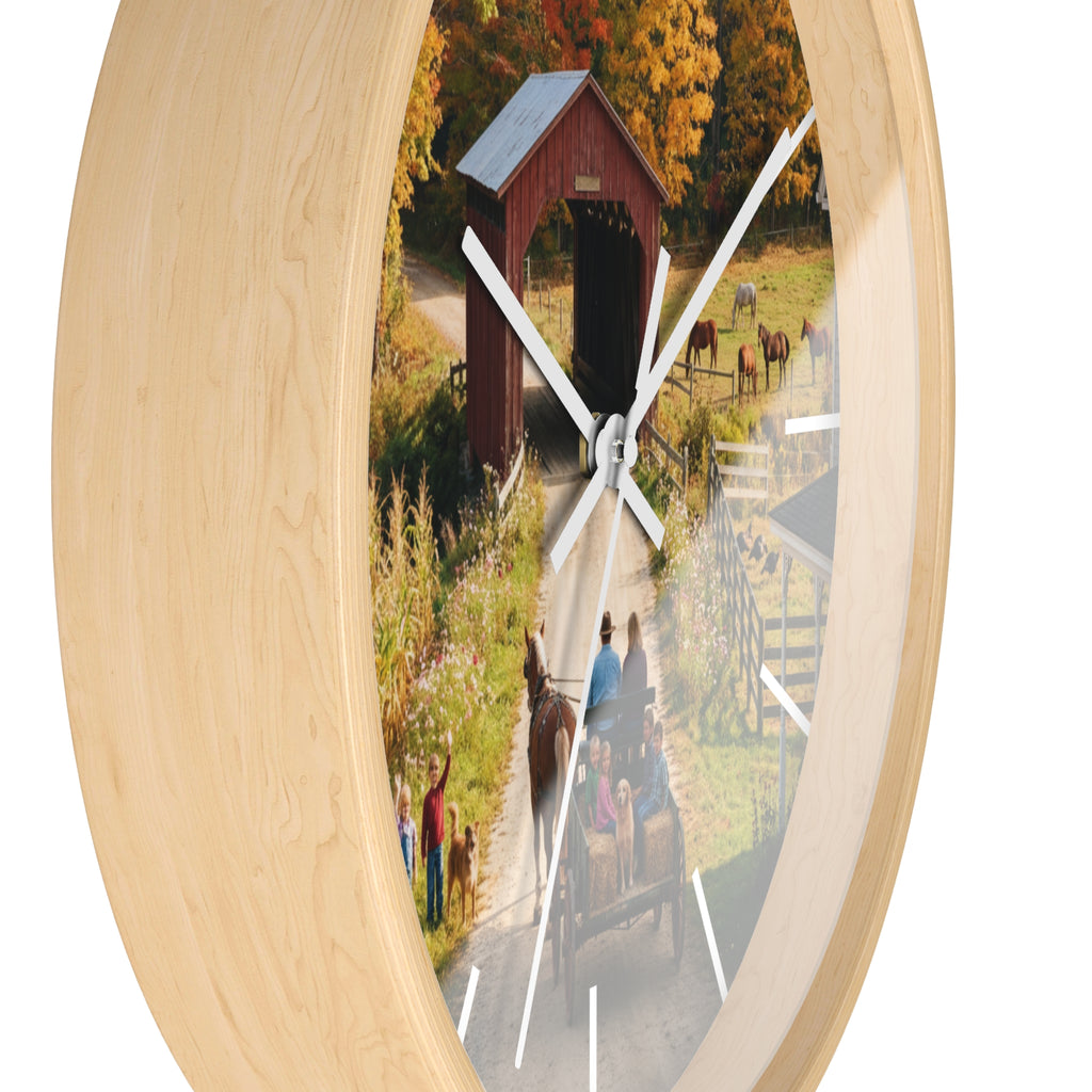 Autumn Covered Bridge Wall Clock / Country Wagon & Fall Scenery