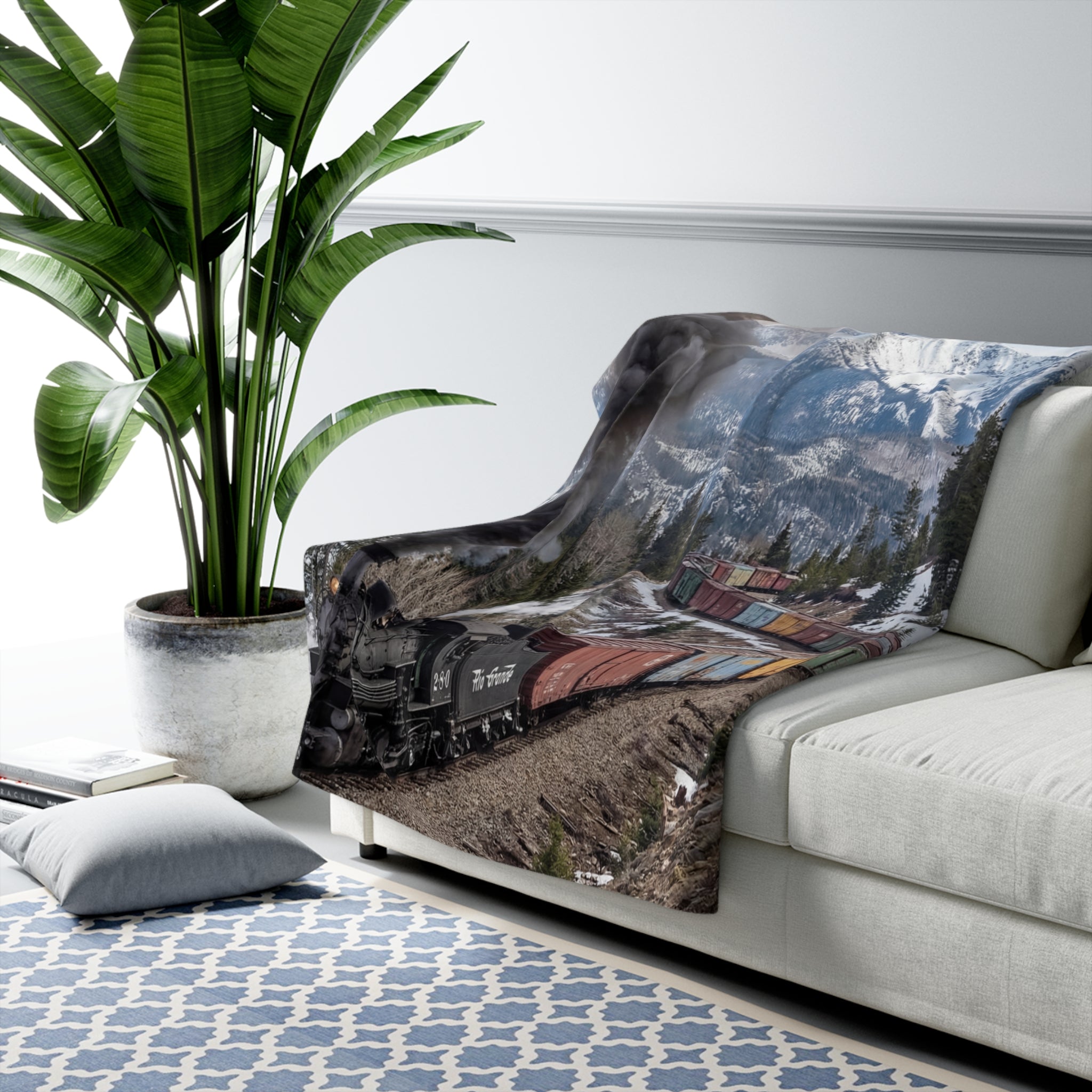Sherpa Fleece Blanket Vintage Steam Train Mountain Route