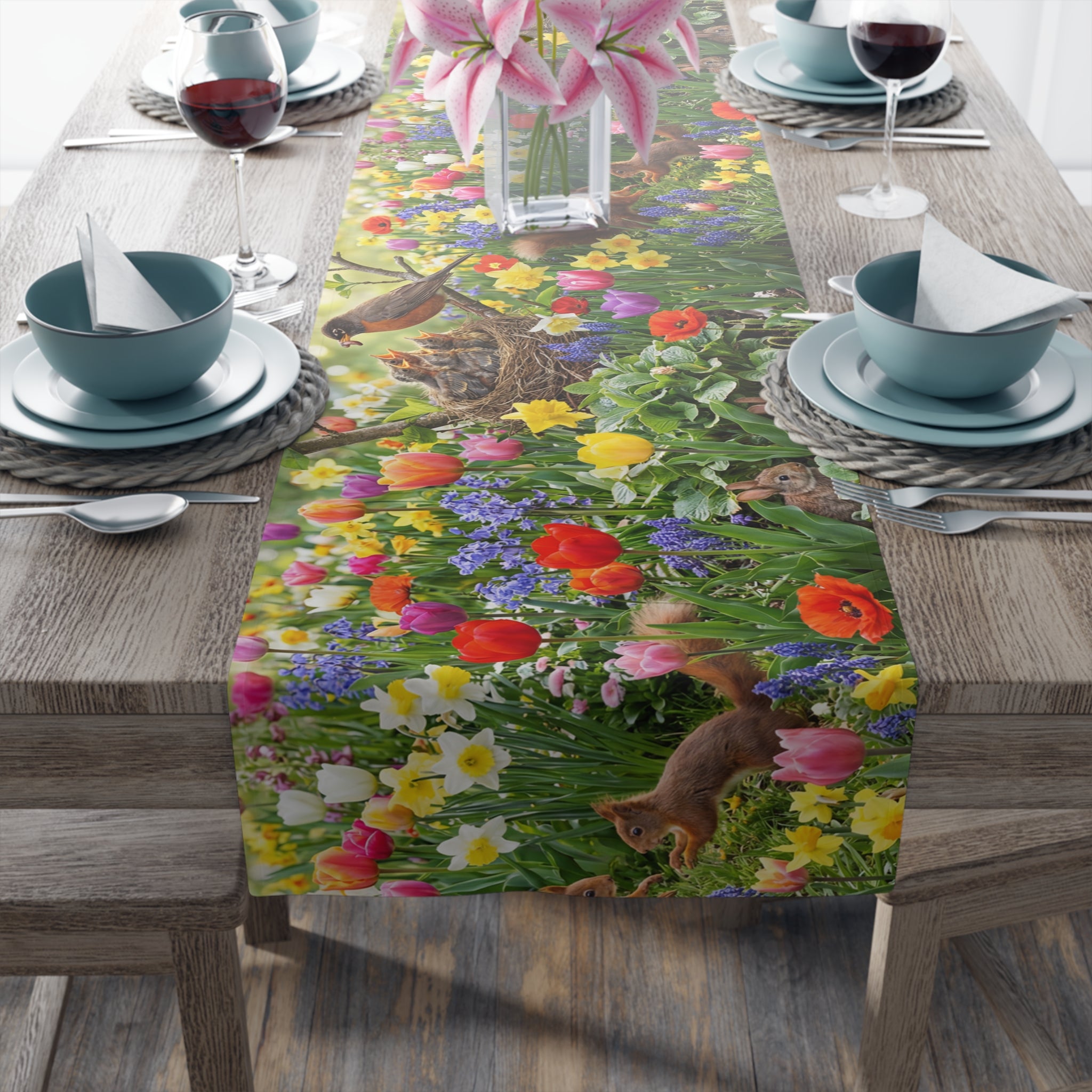Spring Garden Birds Table Runner / Floral Tulip & Daffodil Dining Decor