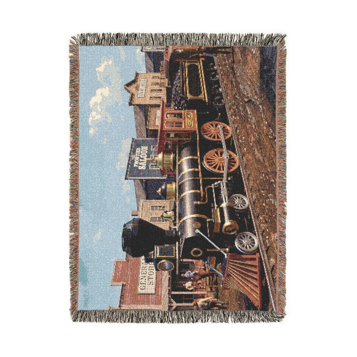 Vintage Steam Locomotive Woven Blanket | Western Town Train Throw