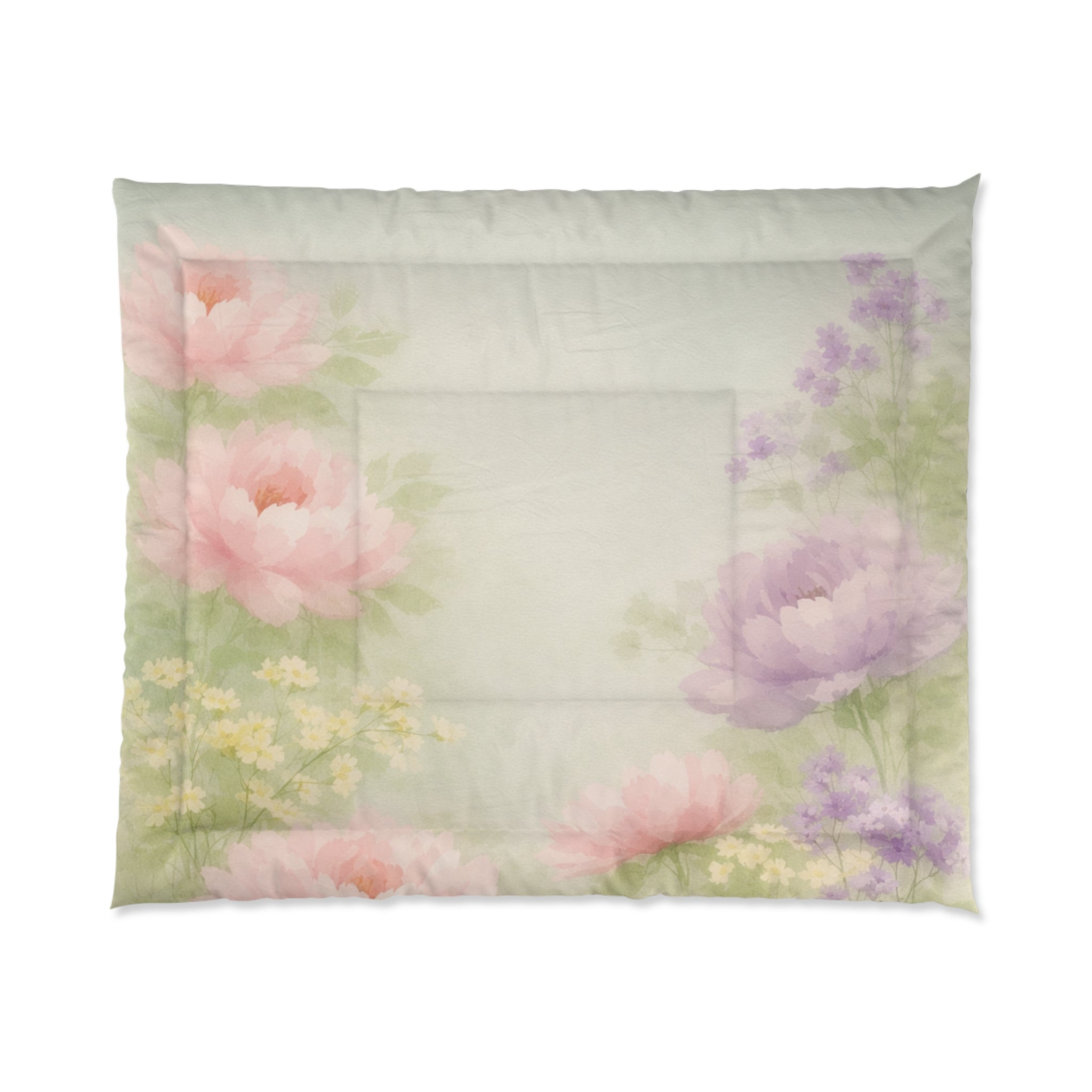 Watercolor Floral Comforter | Pink Peonies, Soft Green Background