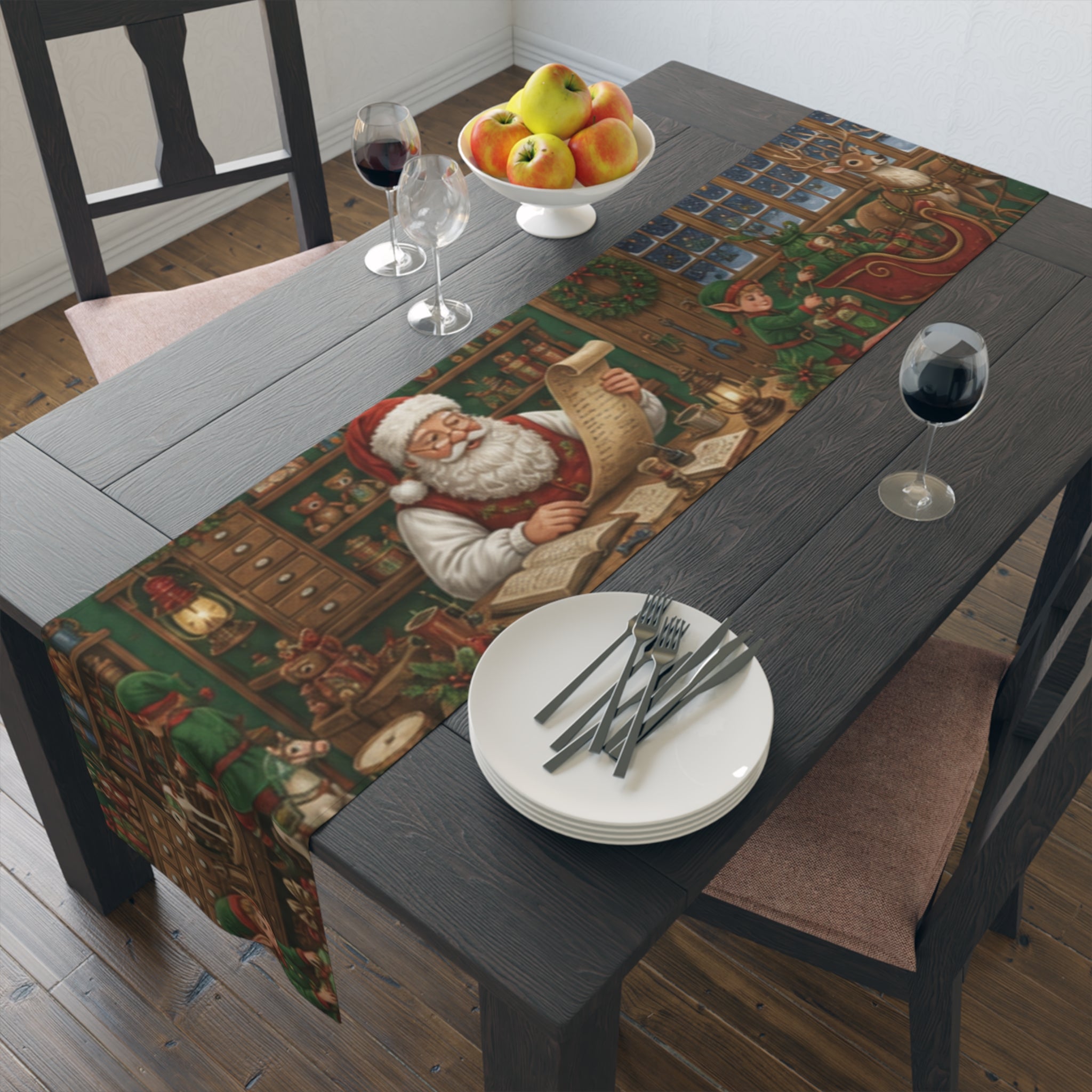 Santas Workshop Scene Table Runner | Santa, Elves & Reindeer Holiday Decor