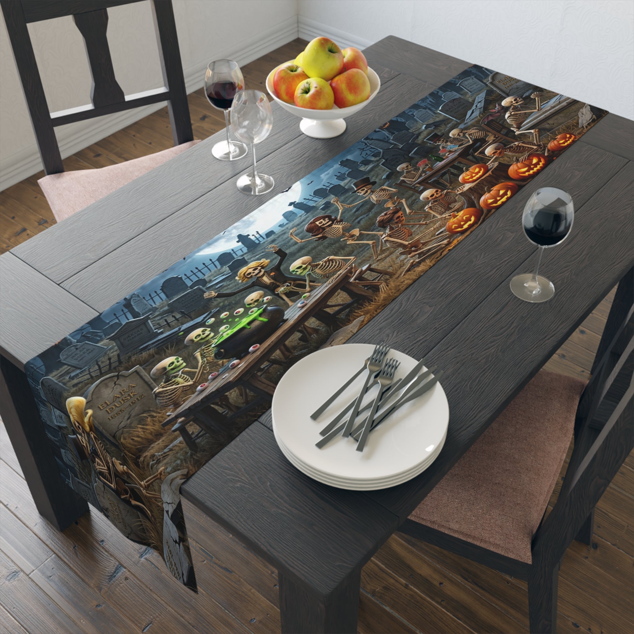 Haunted Graveyard Scene Table Runner | Halloween Cemetery Design