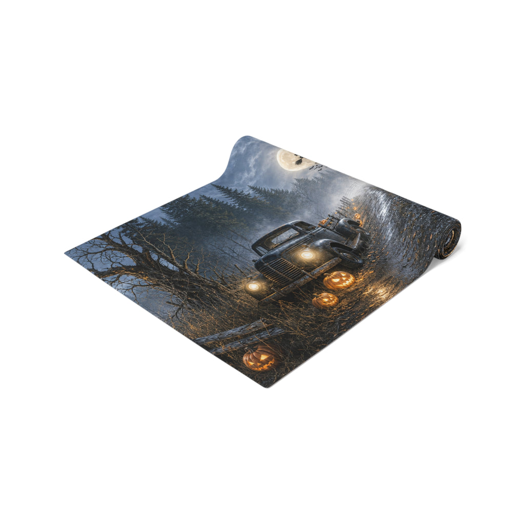 Spooky Truck Halloween Table Runner | Pumpkin Lined Road, Full Moon