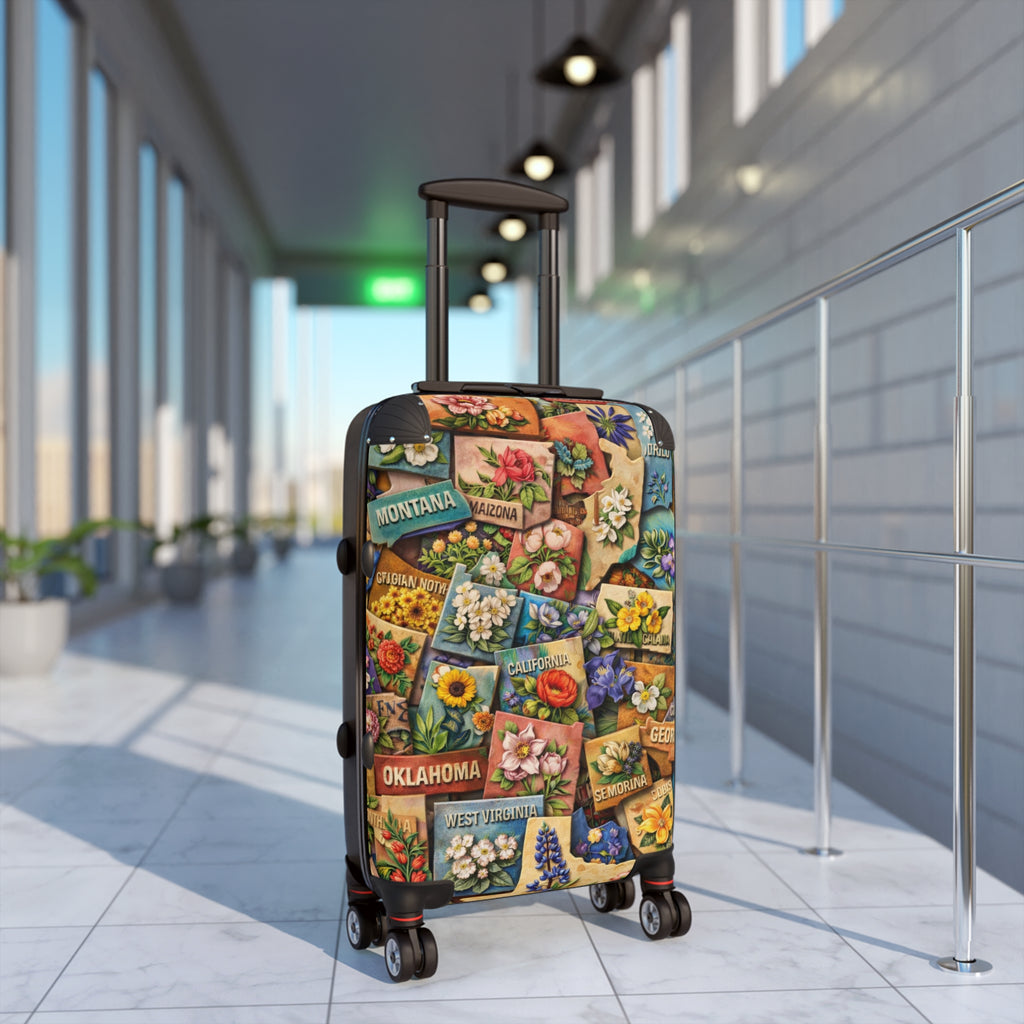USA State Map Collage with State Flowers Suitcase
