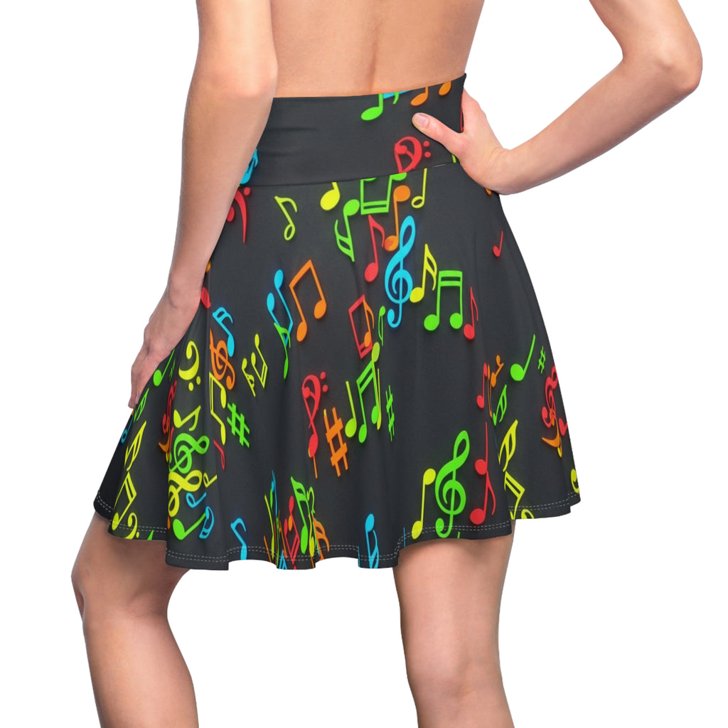Neon Music Notes Skater Skirt | Musical Note Pattern, Black Background
