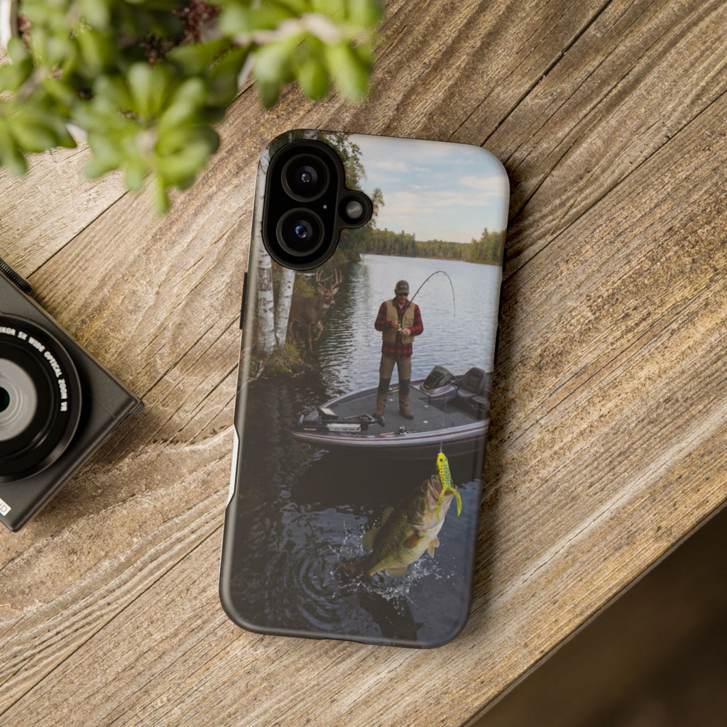 Fisherman Catching Bass phone case | Fishing lake photo phone case