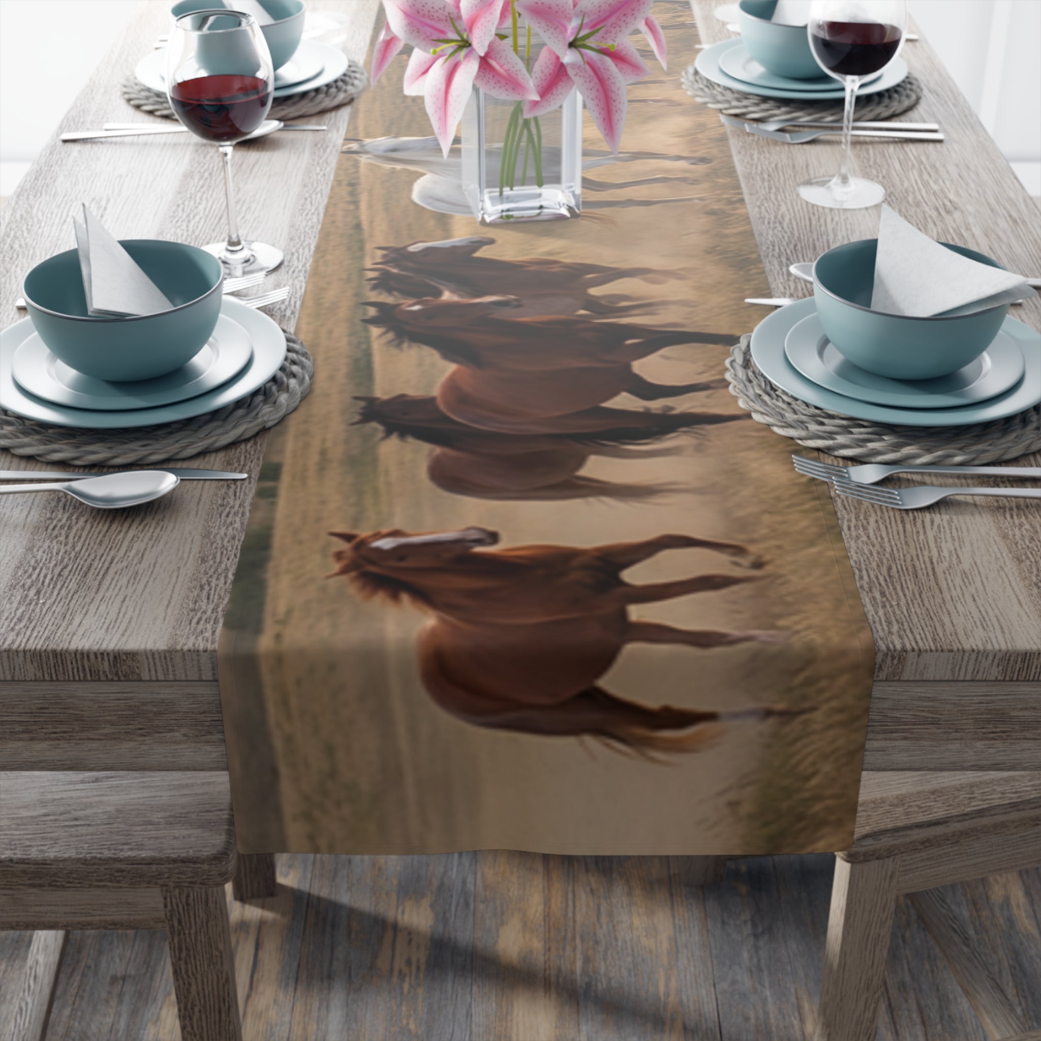 Horse Herd Table Runner - Rustic Galloping Horses Cotton-Poly Dining Decor