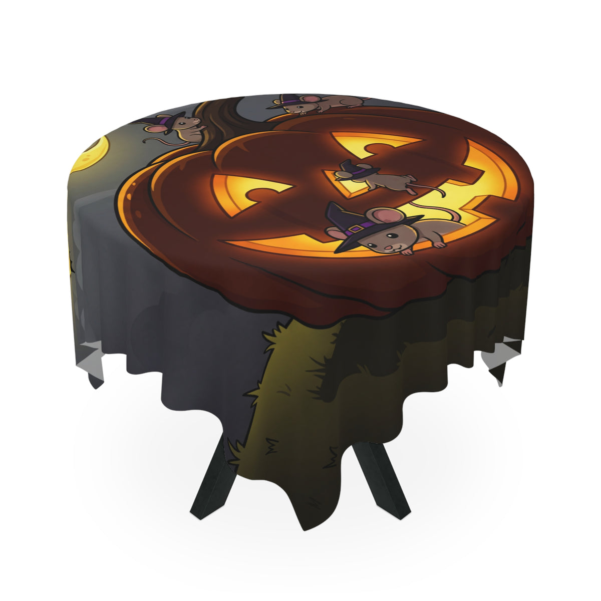 Jack-O'-Lantern & Witch Hat Mice Tablecloth | Whimsical Halloween Table Linen