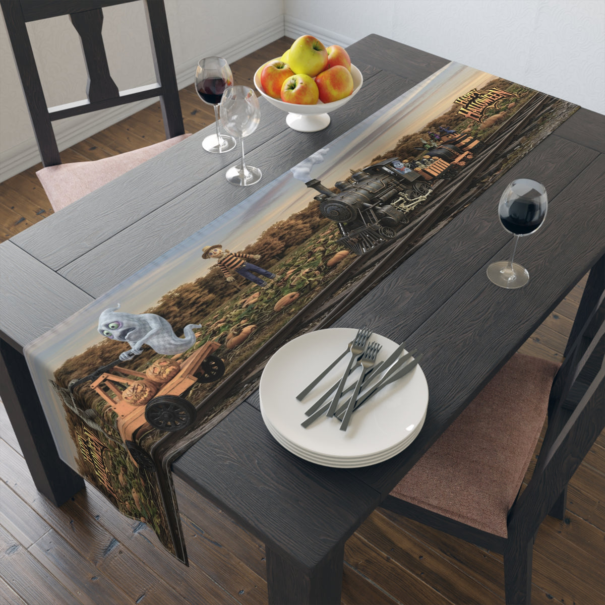 Halloween Train & Handcar Table Runner | Moonlit Witch, Pumpkins & Autumn Trees