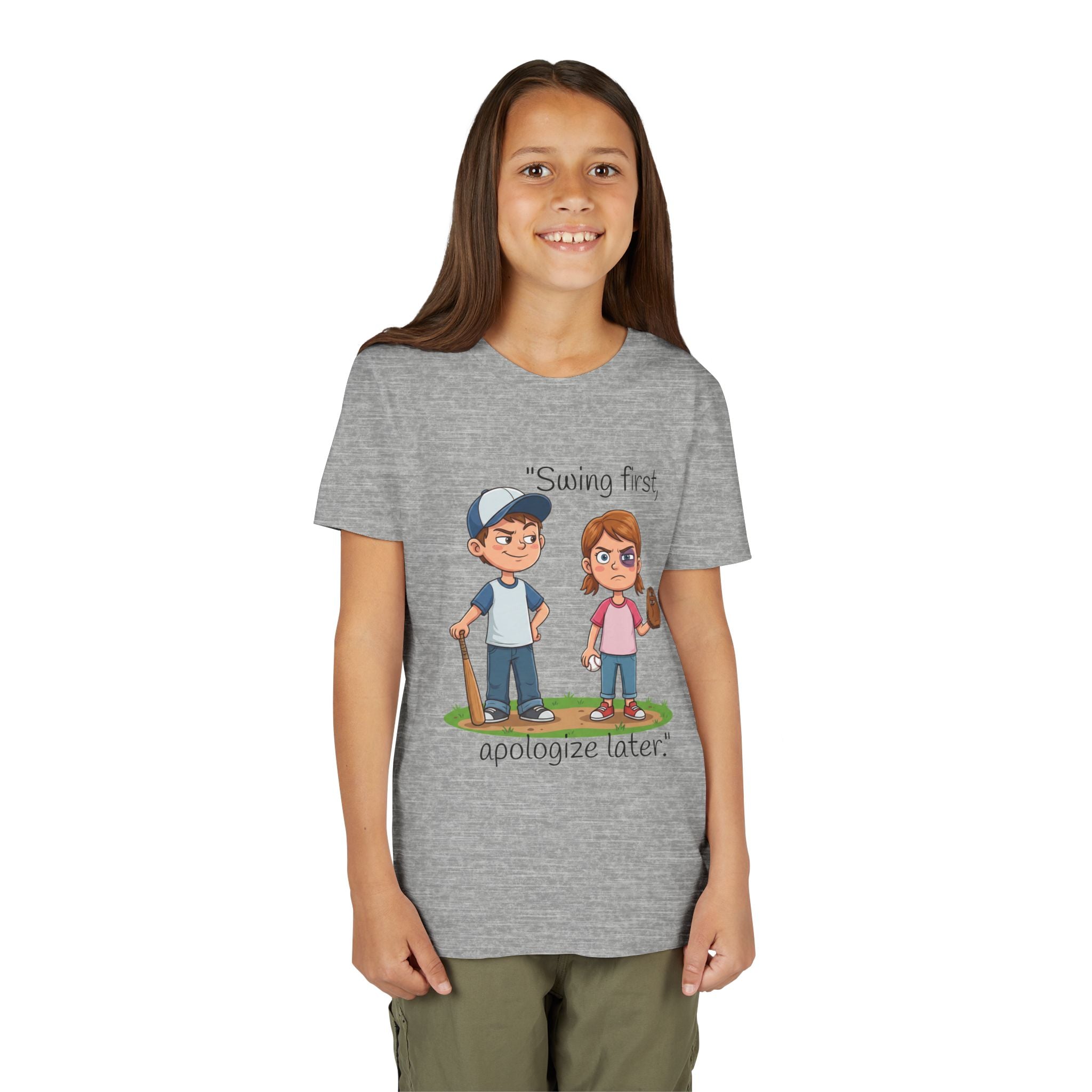Youth Tee / "Swing First, Apologize Later" Baseball & Softball Kids Shirt