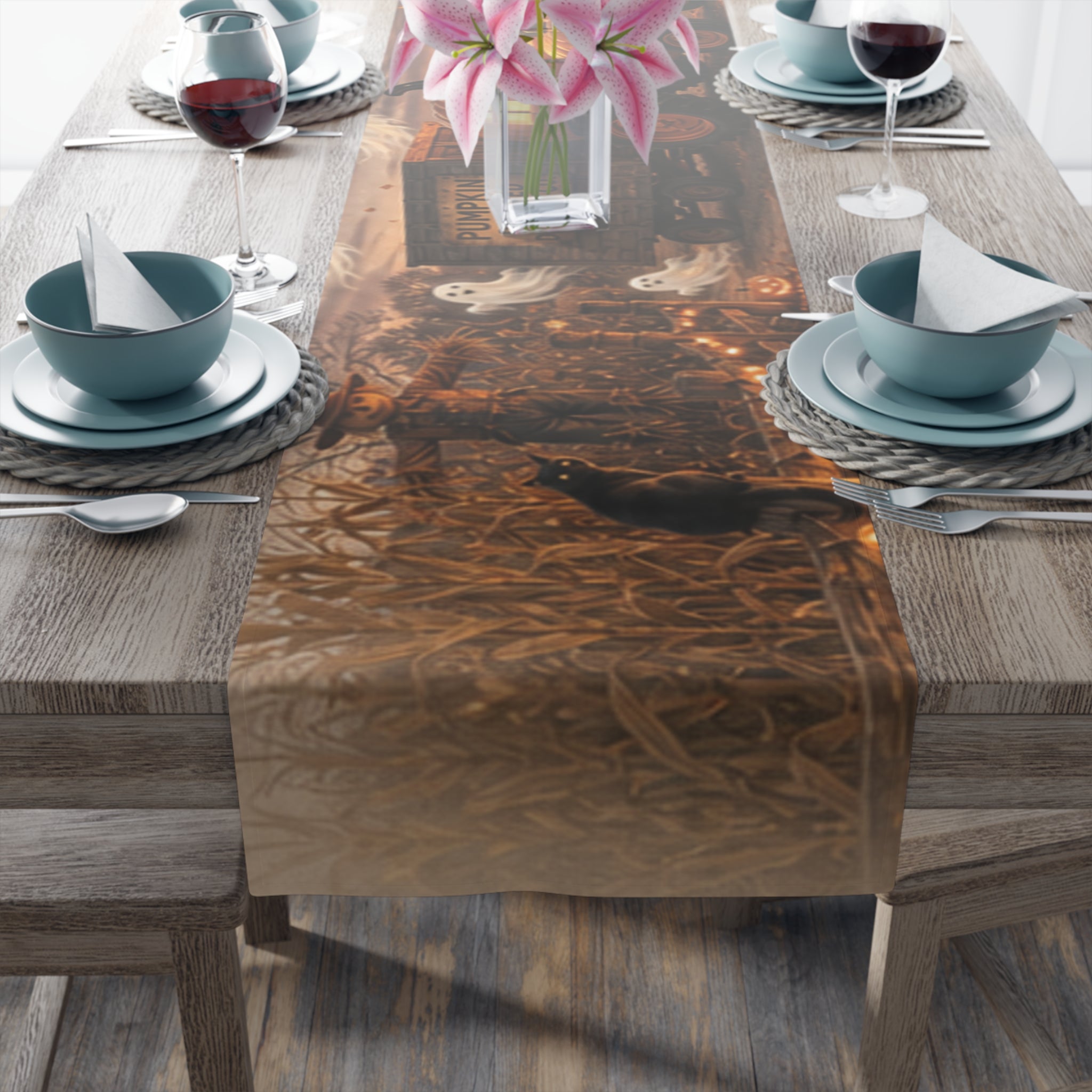 Haunted Pumpkin Truck Table Runner | Halloween Cotton Poly