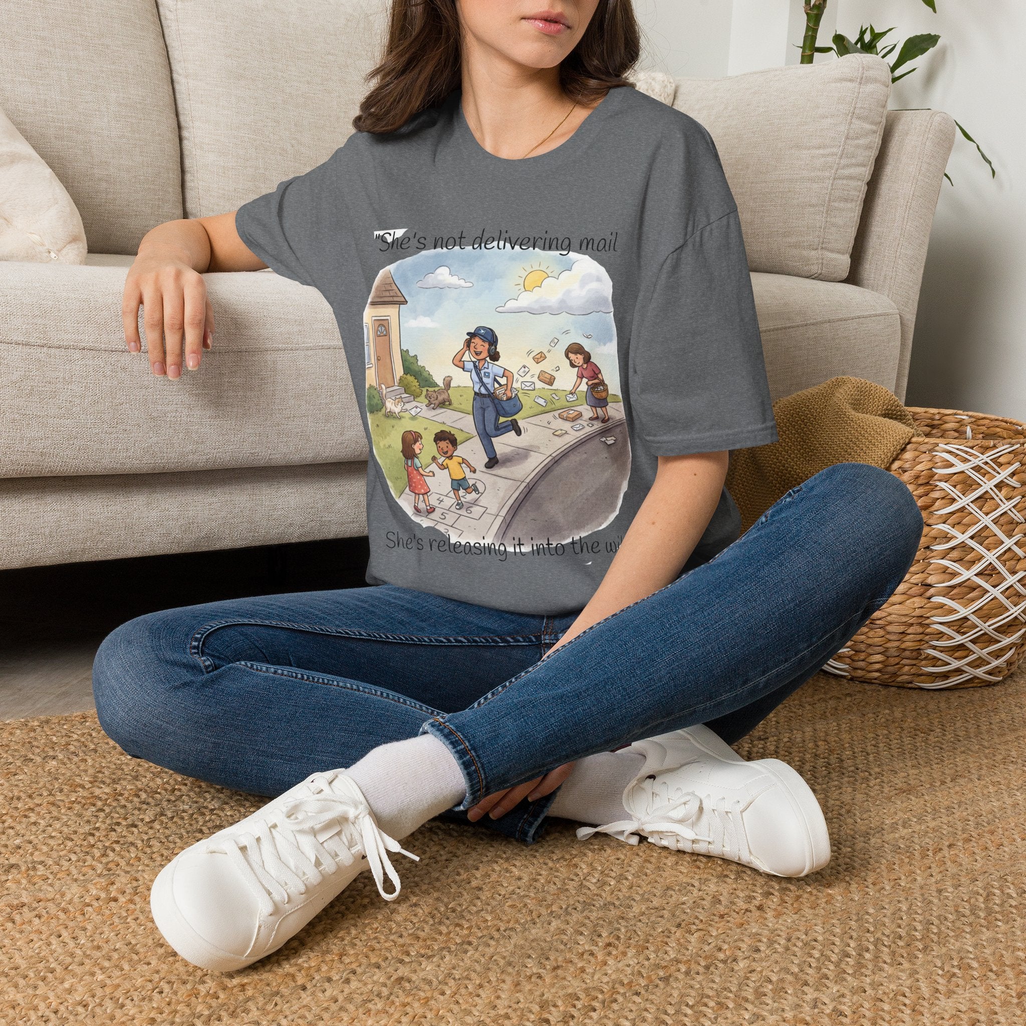 T‑Shirt – "She’s not delivering mail, she’s delivering a little wind" Cute Postal Worker Illustration Tee
