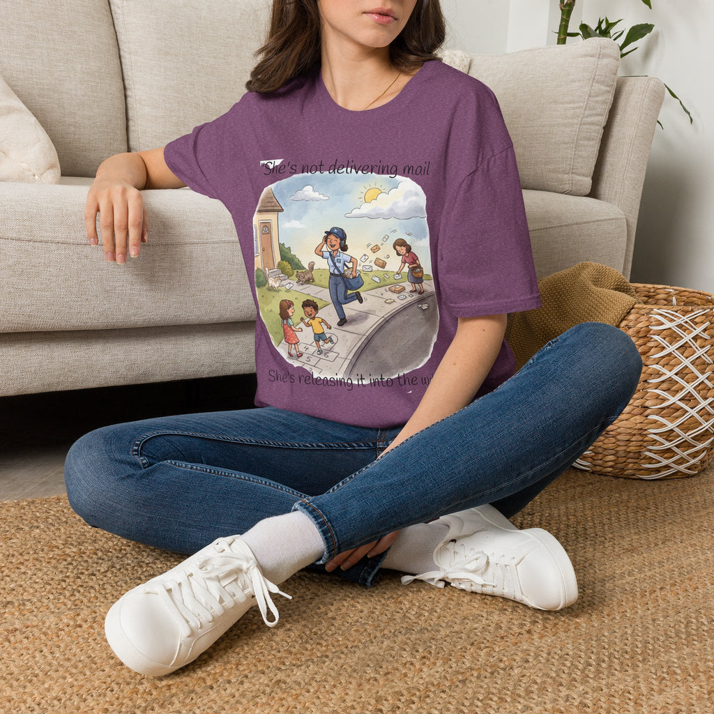 T‑Shirt – "She’s not delivering mail, she’s delivering a little wind" Cute Postal Worker Illustration Tee