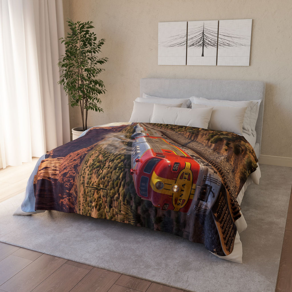 Classic Red Locomotive Fleece Sherpa Blanket | Desert Canyon Train Scene