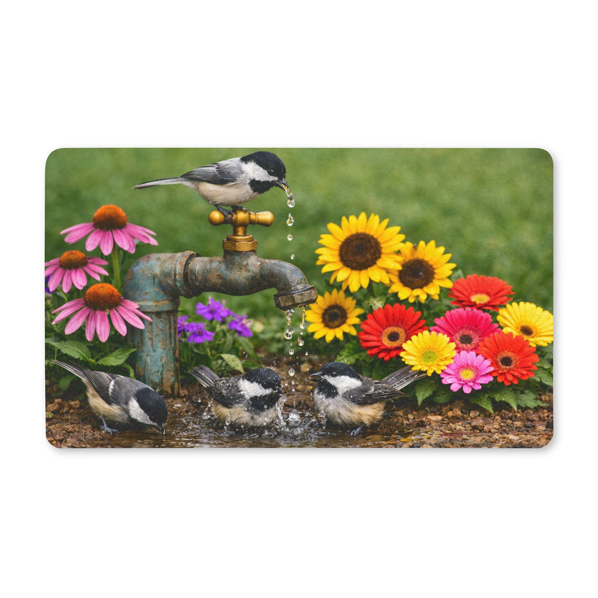 Chickadee Birds at Garden Faucet Doormat | Floral Outdoor Mat