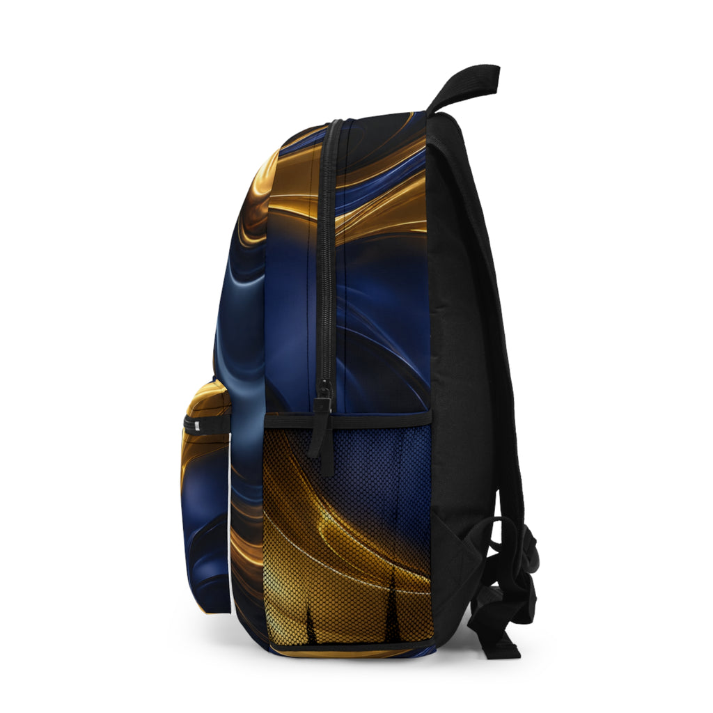 Gold Navy Blue Marble Swirl Backpack | Abstract Metallic Fluid Design