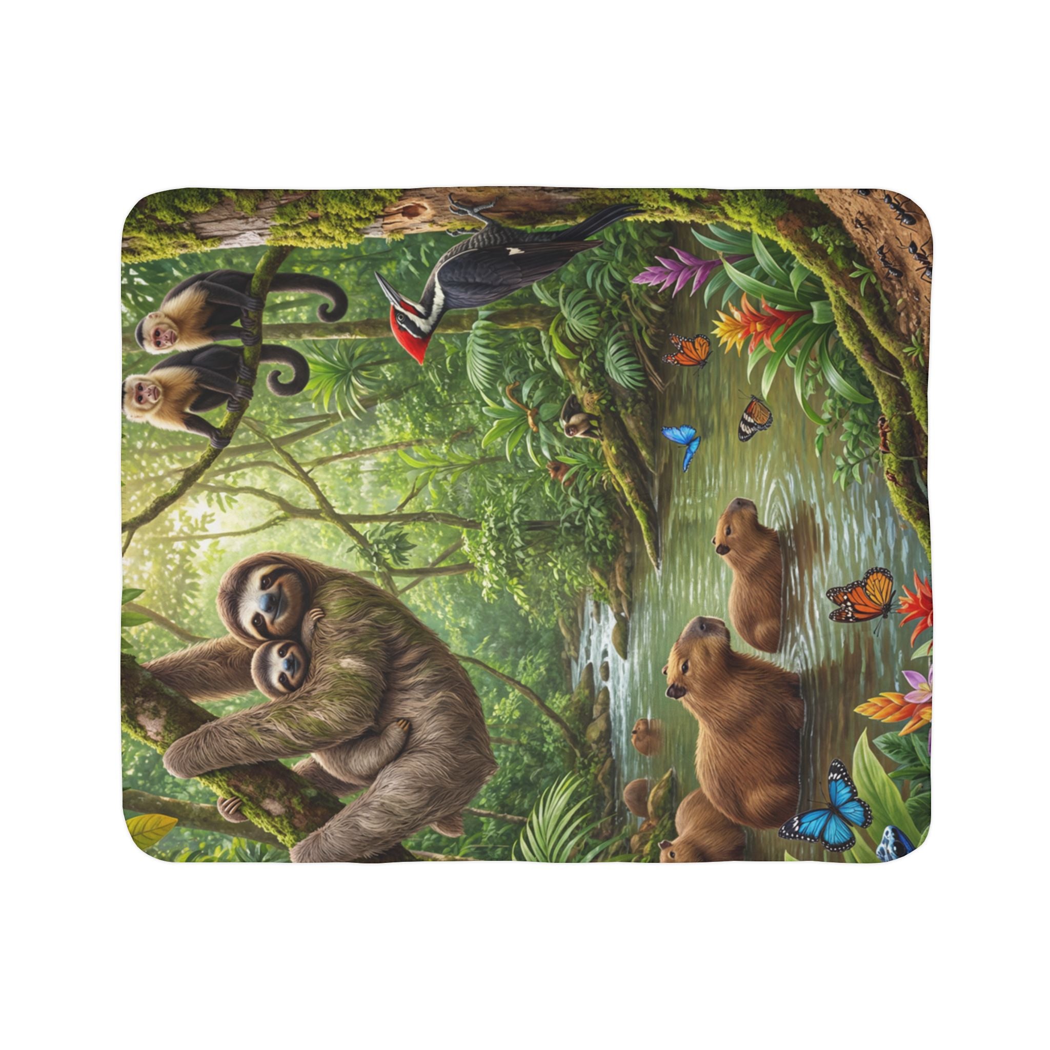 Sloth Jungle Fleece Sherpa Blanket / Tropical Rainforest Animal Cozy Throw