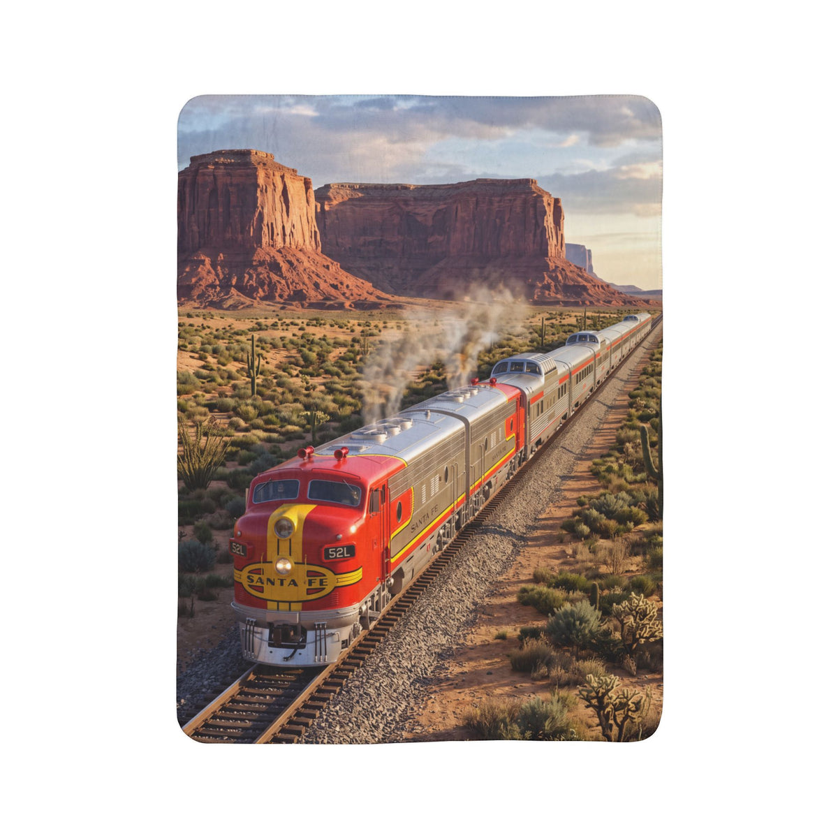 Classic Red Locomotive Fleece Sherpa Blanket | Desert Canyon Train Scene