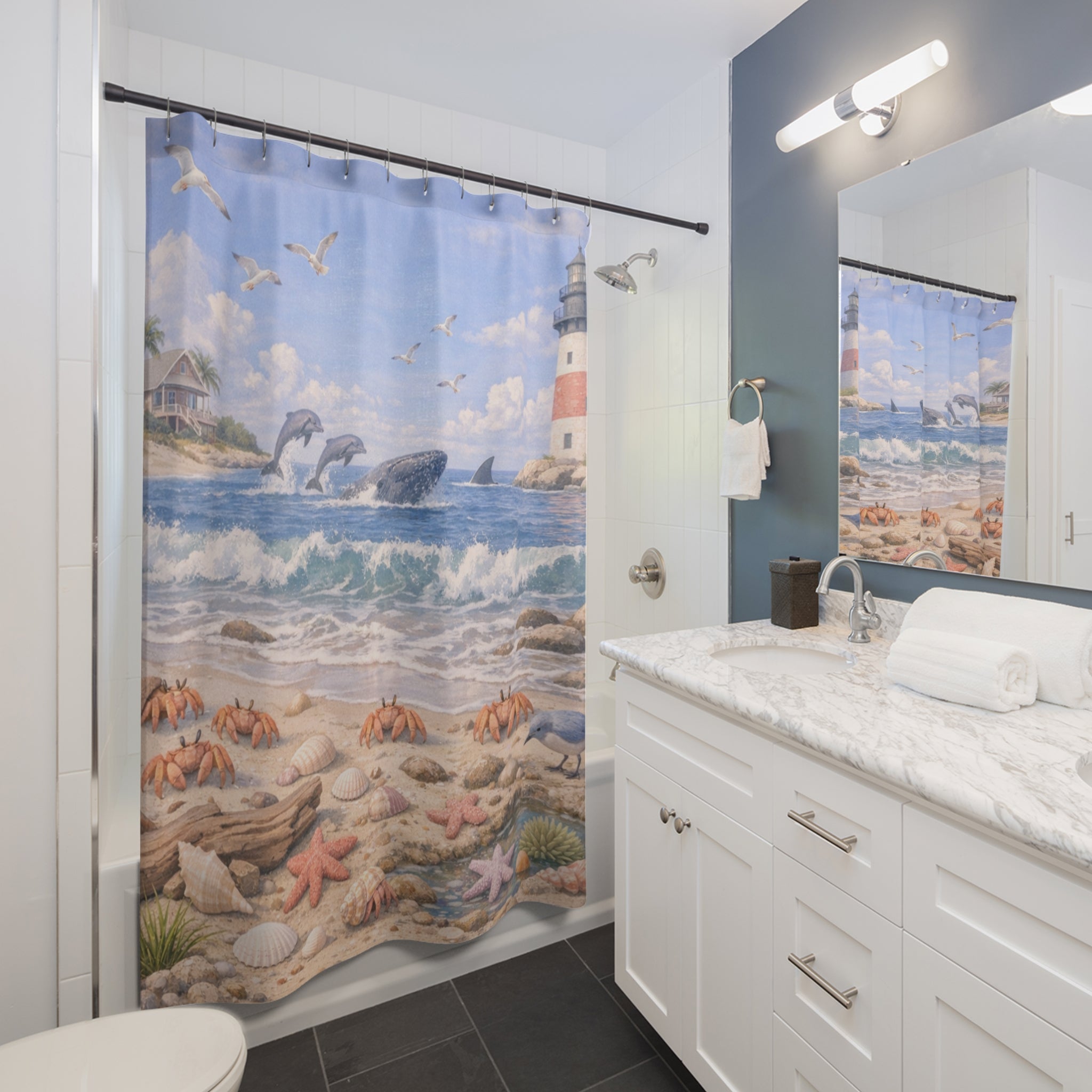 Coastal Lighthouse Beach Scene Shower Curtain | Dolphins, Seashells, Crabs