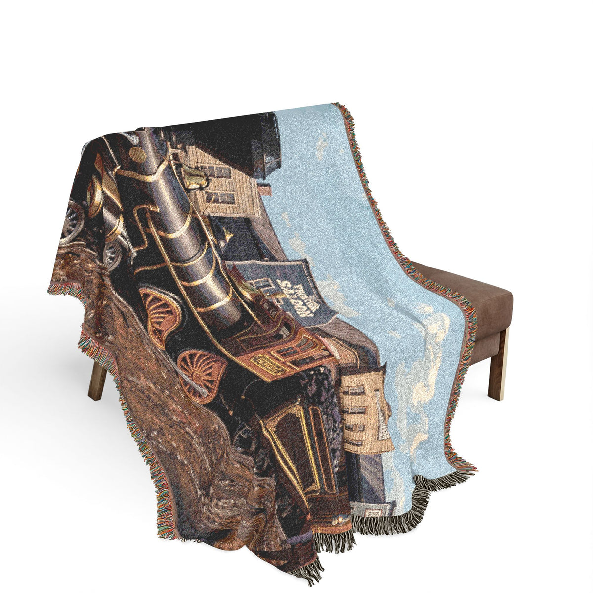 Vintage Steam Locomotive Woven Blanket | Western Town Train Throw