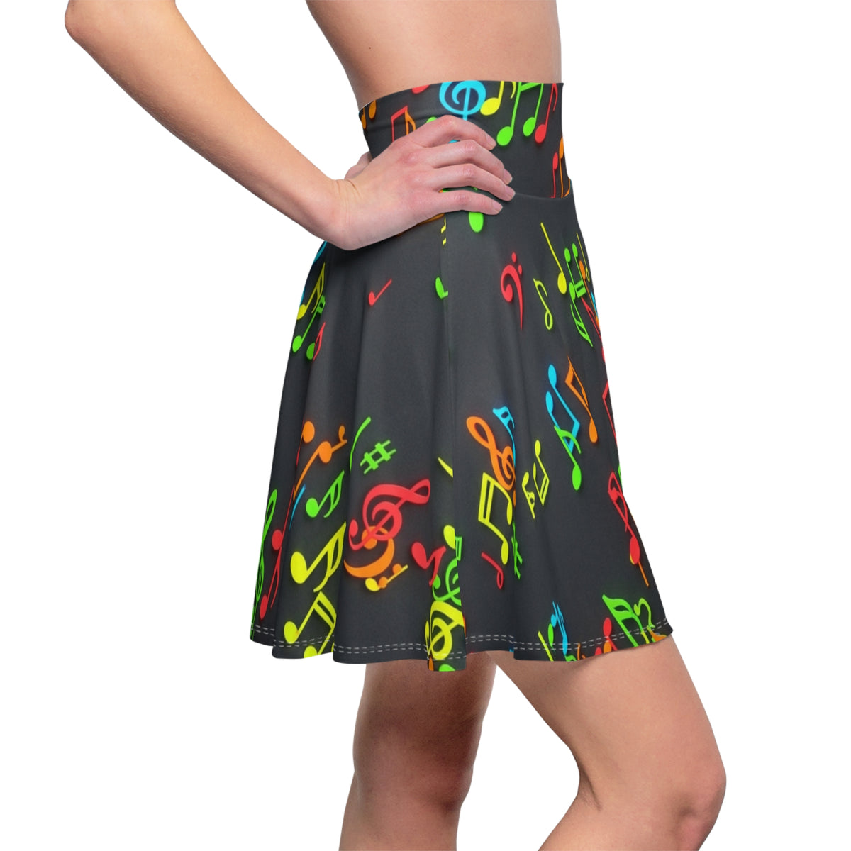 Neon Music Notes Skater Skirt | Musical Note Pattern, Black Background