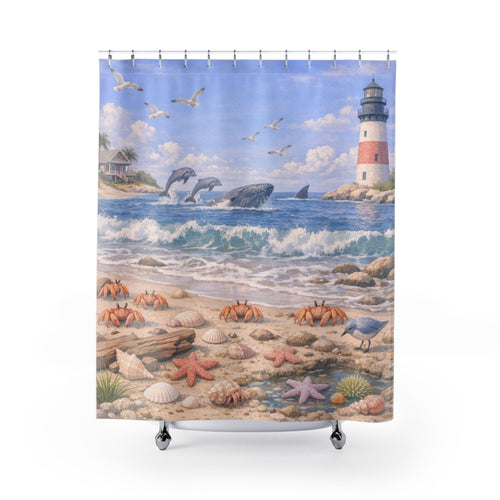 Coastal Lighthouse Beach Scene Shower Curtain | Dolphins, Seashells, Crabs
