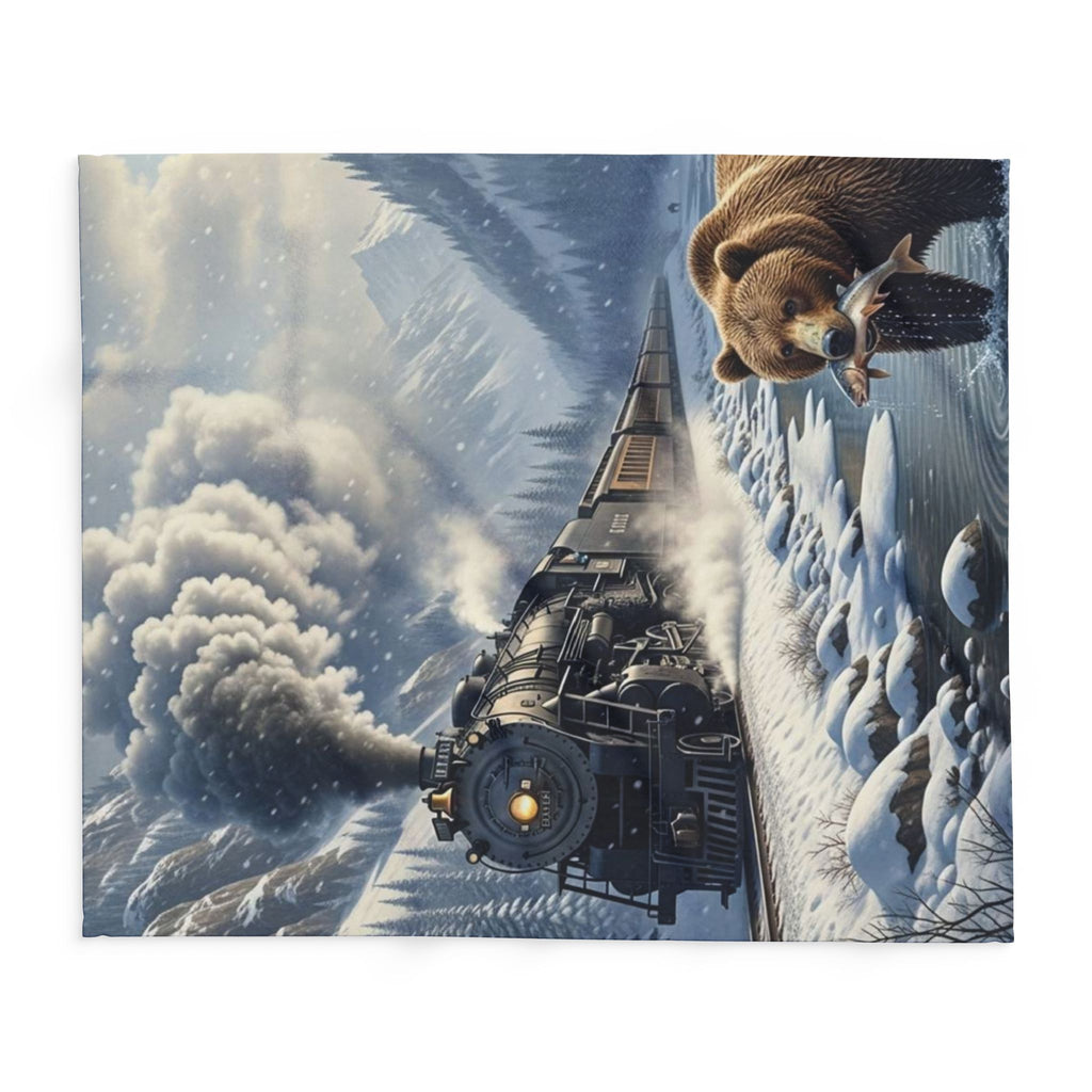 Bear Catching Salmon, Fleece Blanket | Steam Train Winter Landscape