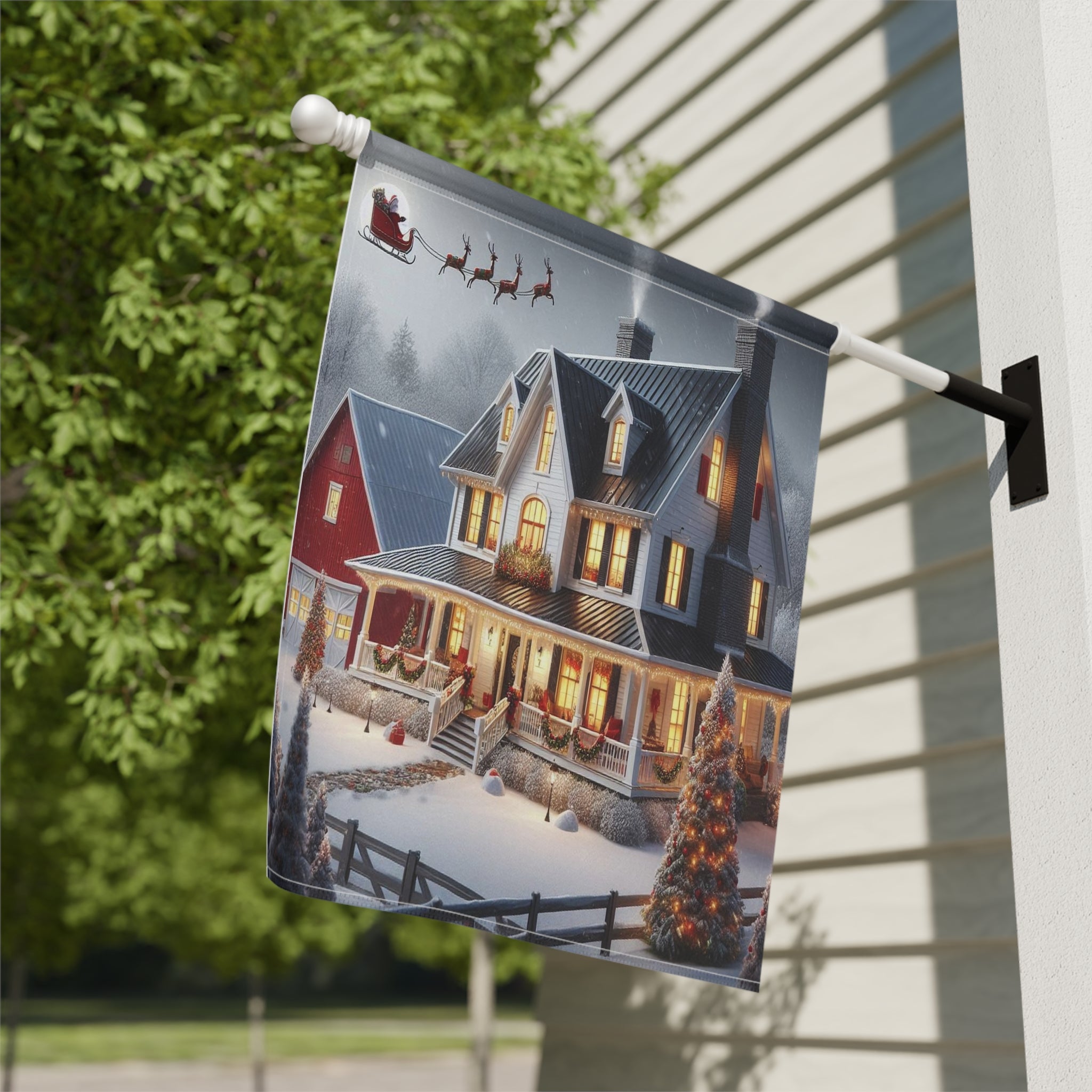 Snowy Victorian House Garden Flag | Christmas Yard Banner