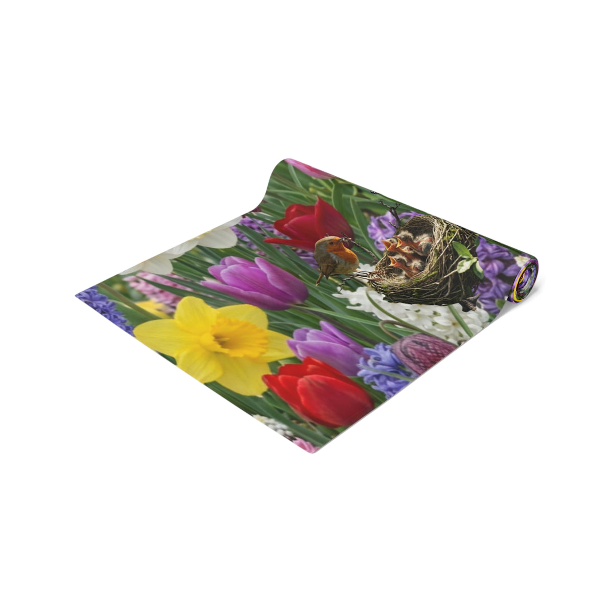 Spring Garden Birds Table Runner | Floral Tulip & Daffodil Dining Decor