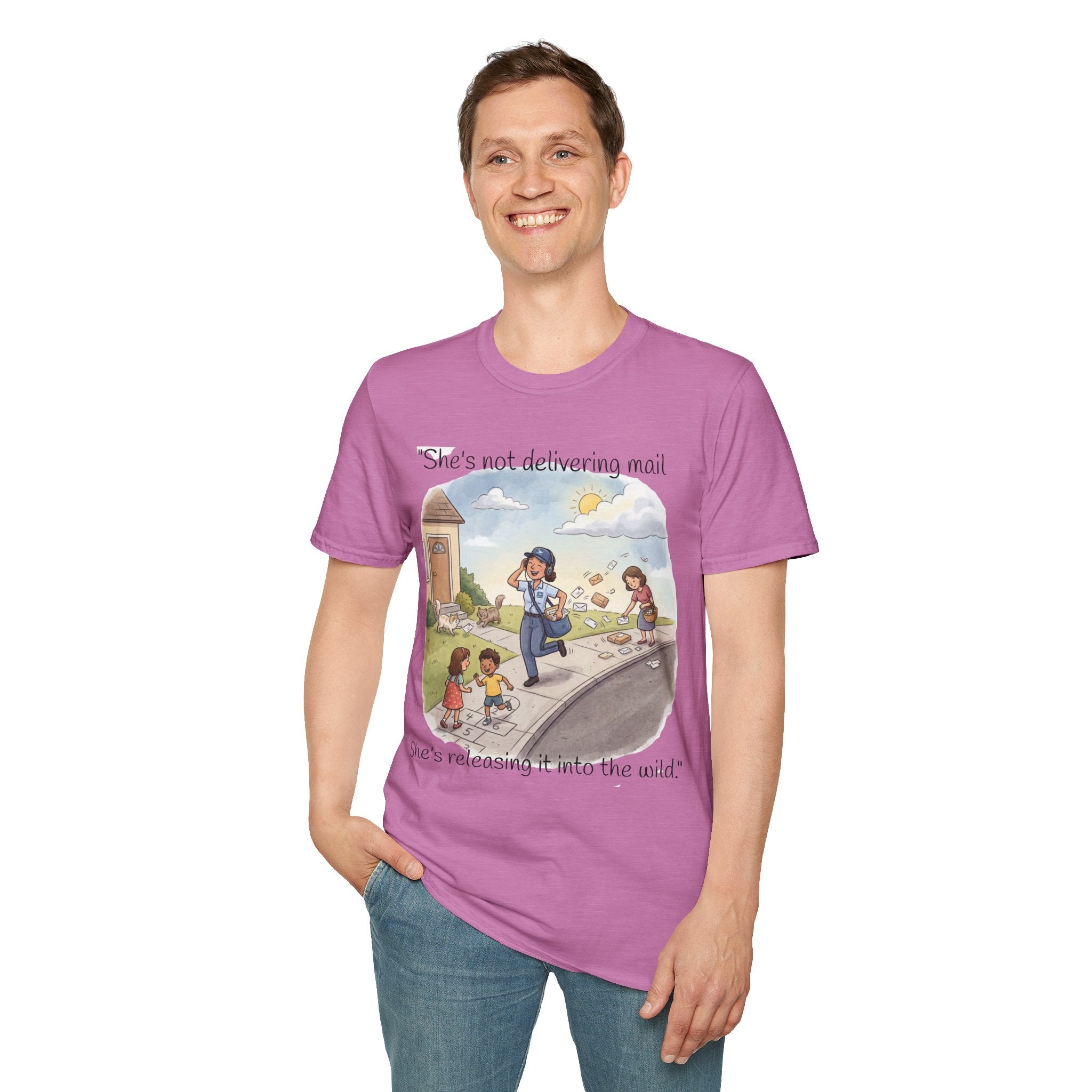 T‑Shirt – "She’s not delivering mail, she’s delivering a little wind" Cute Postal Worker Illustration Tee