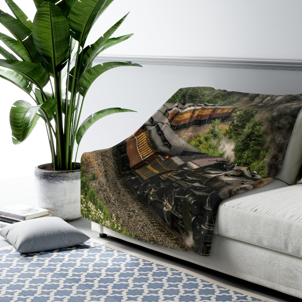 Vintage Steam Train Sherpa Fleece Blanket | Scenic Railroad Throw