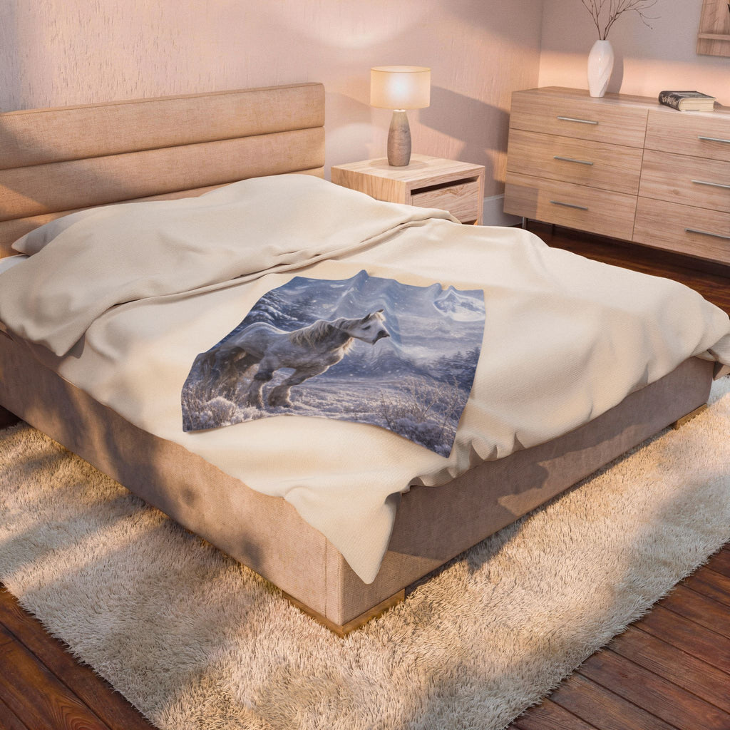 White Horse Winter Moon Velveteen Plush Blanket | Fantasy Forest Print