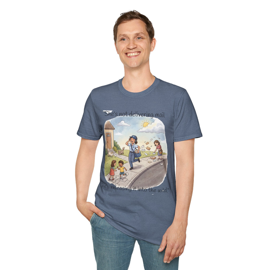 T‑Shirt – "She’s not delivering mail, she’s delivering a little wind" Cute Postal Worker Illustration Tee