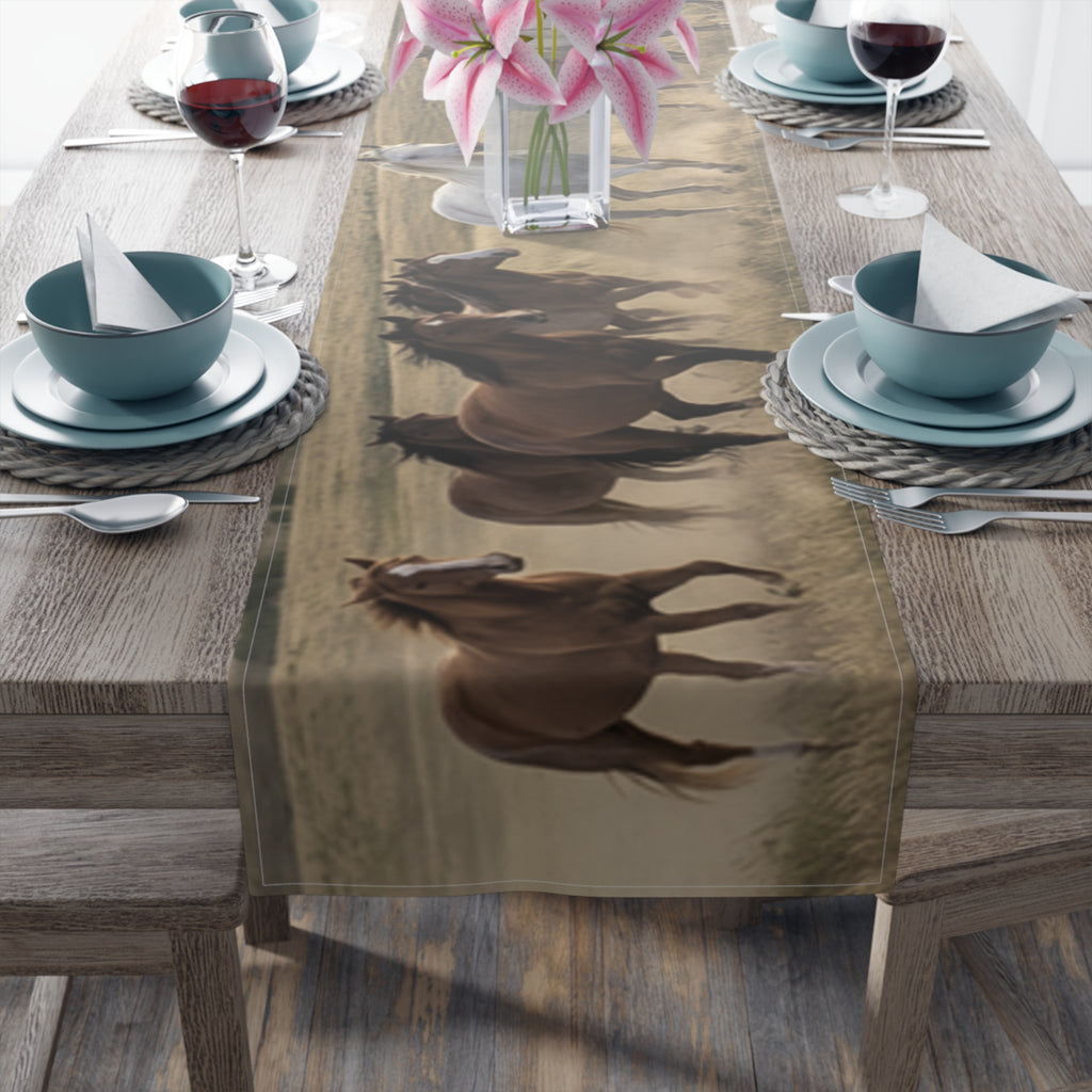 Horse Herd Table Runner - Rustic Galloping Horses Cotton-Poly Dining Decor