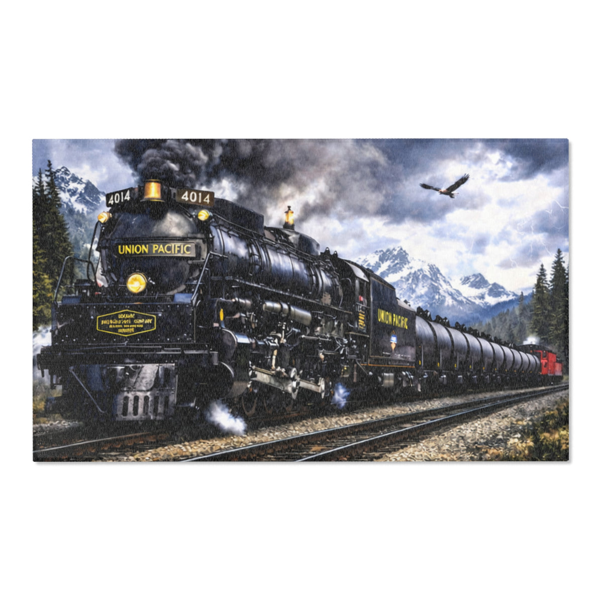 Vintage Steam Locomotive Area Rug | Train Engine Mountain Scene