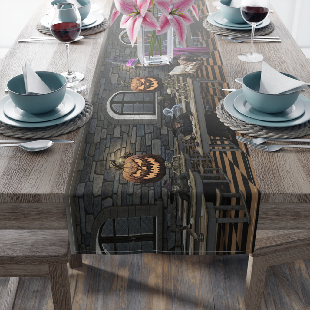 Haunted Library Table Runner | Shadowed Books, Vintage Bottles & Gothic Scene – Halloween Decor