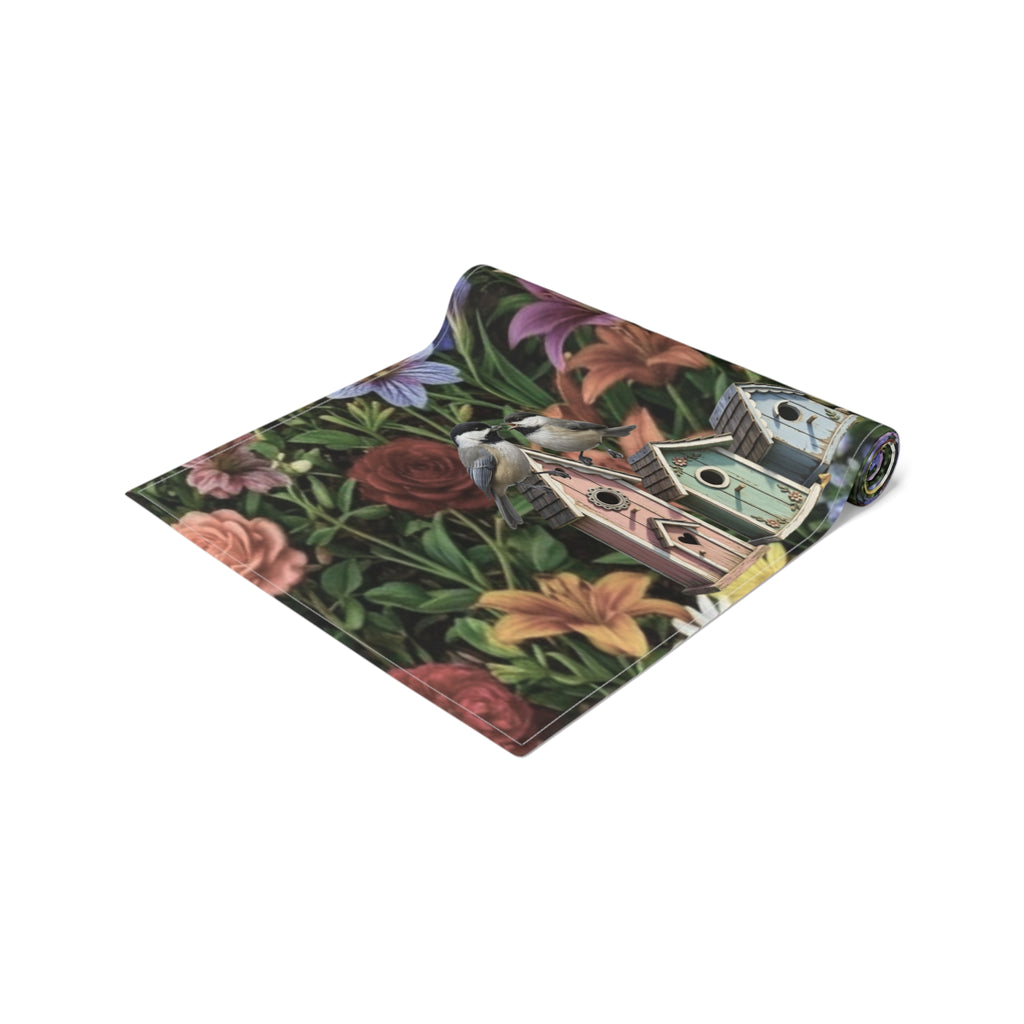 Floral Garden Birds Table Runner | Cottage Garden Birdhouse & Floral Decor