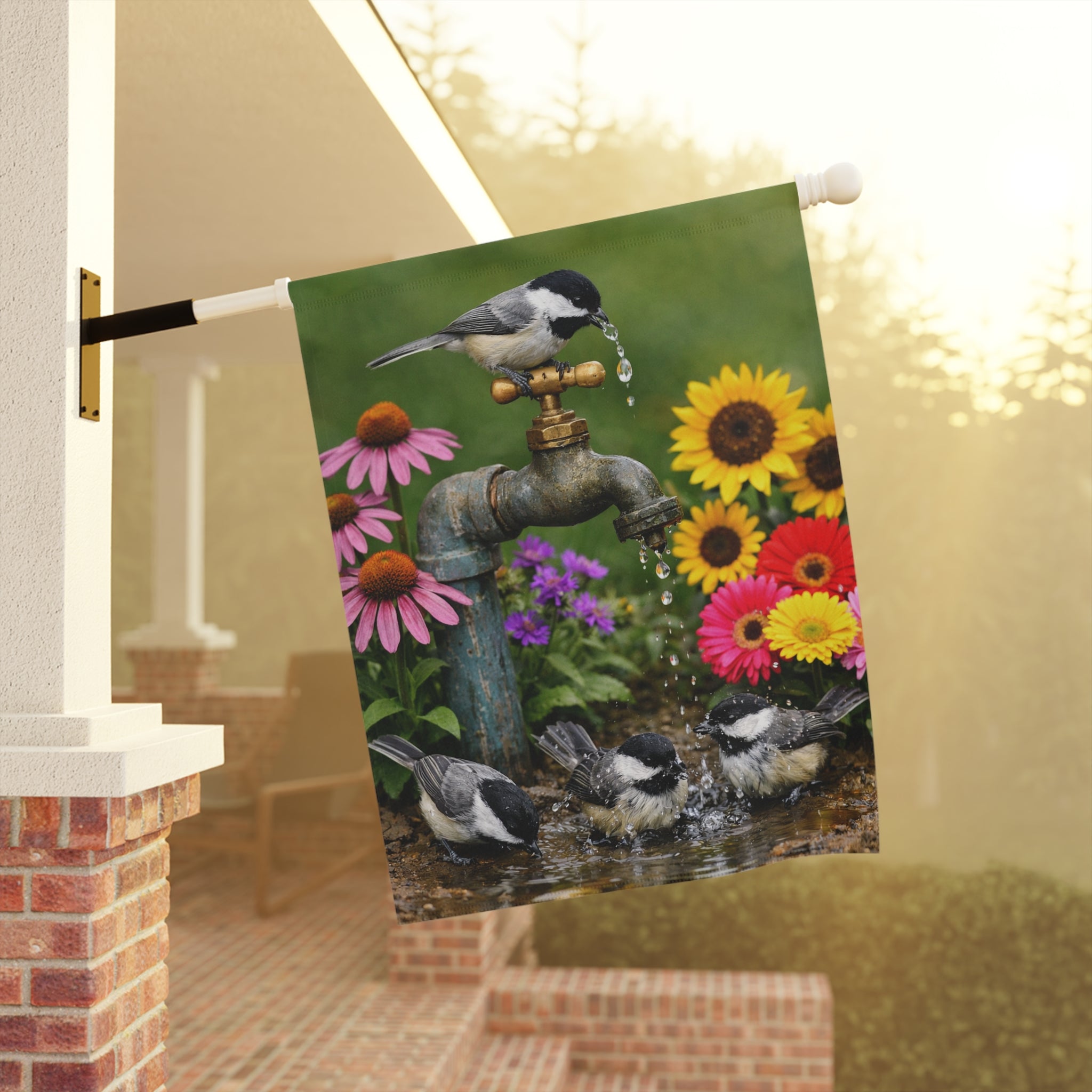 Chickadee Birds on Faucet Garden Flag