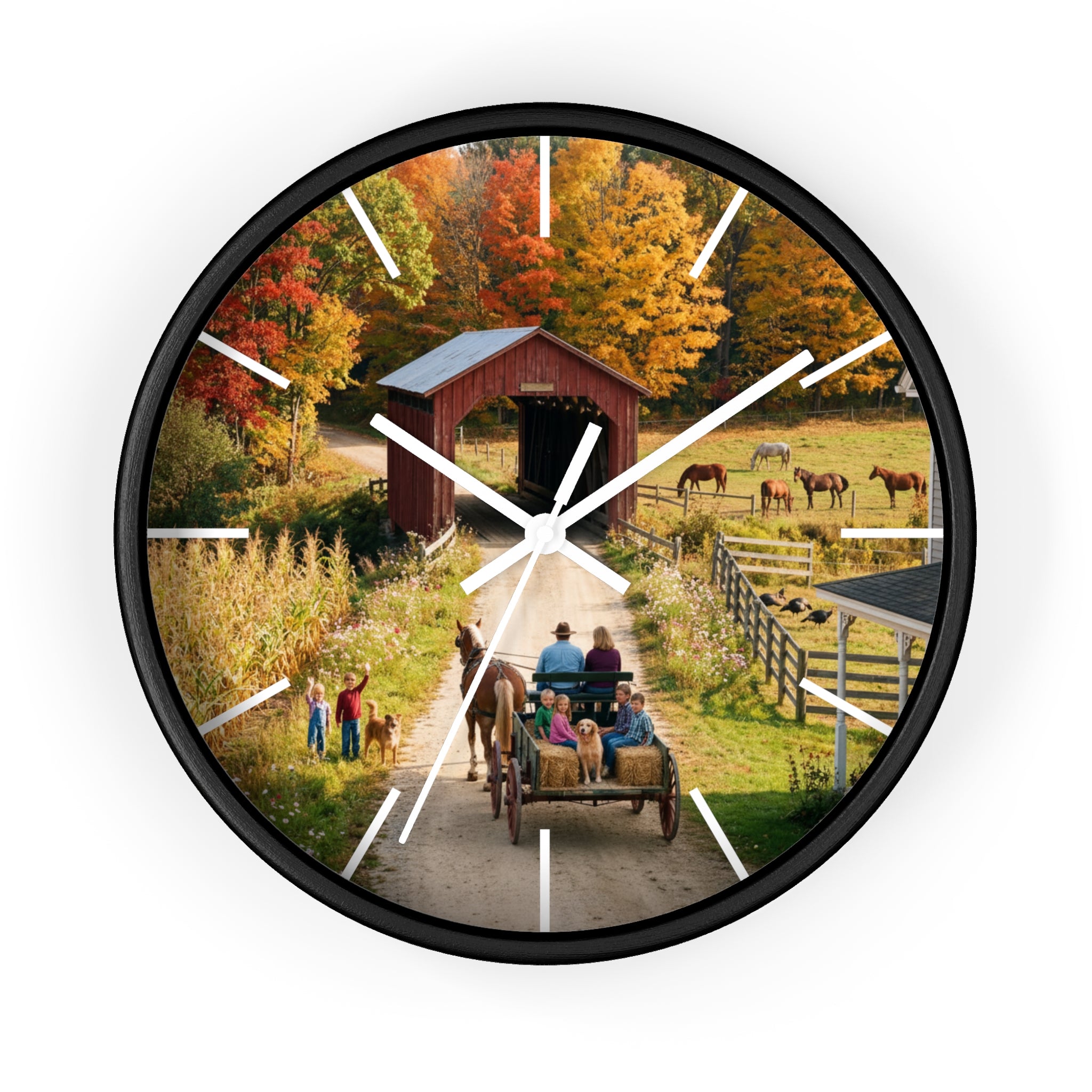 Autumn Covered Bridge Wall Clock / Country Wagon & Fall Scenery