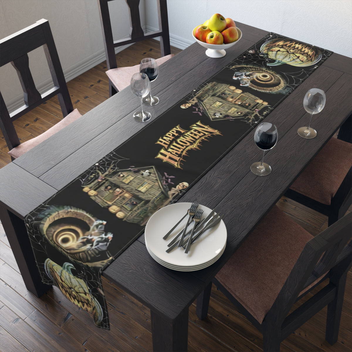Gothic Haunted House Table Runner | Jack-O'-Lanterns & Cobwebs – Halloween Decor