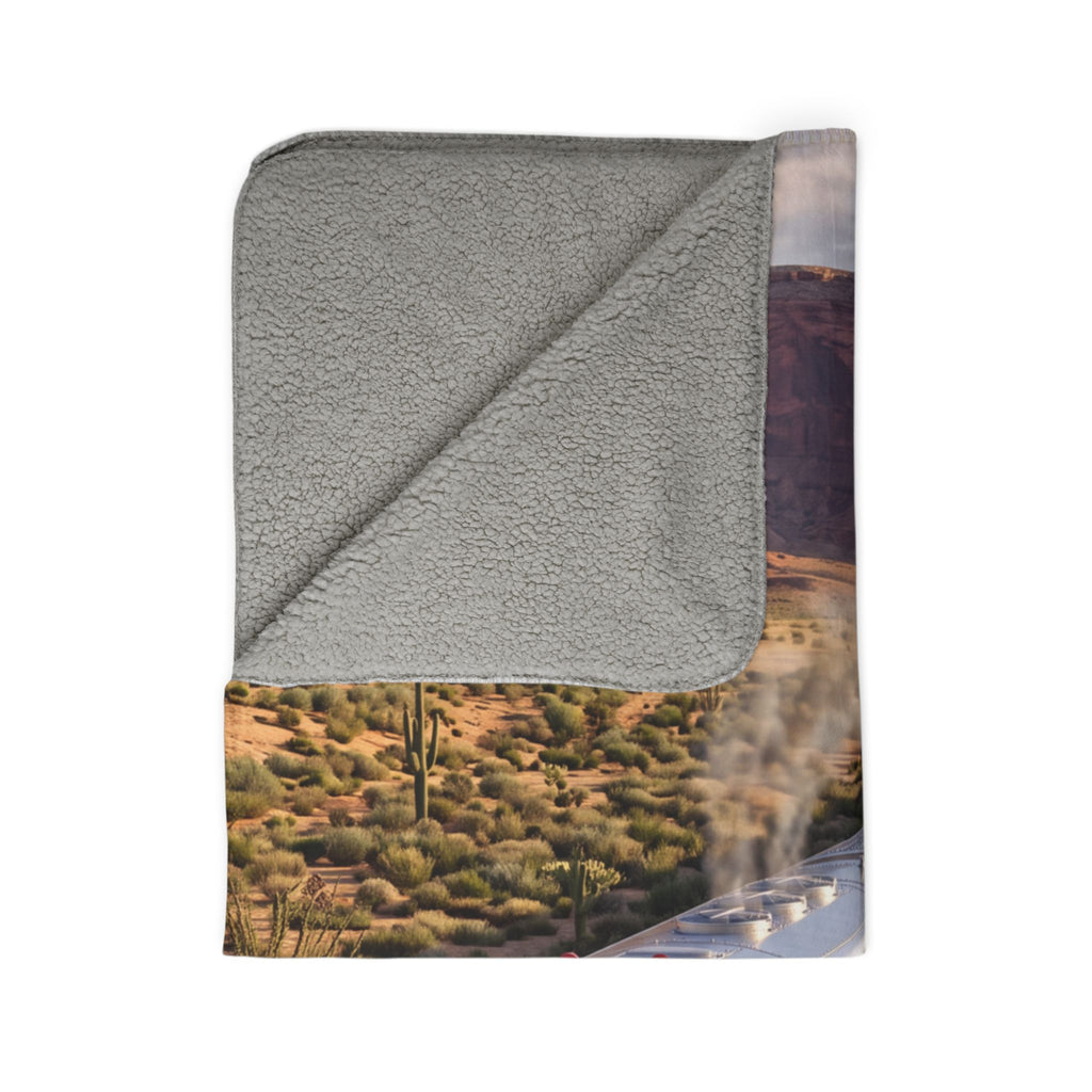 Classic Red Locomotive Fleece Sherpa Blanket | Desert Canyon Train Scene
