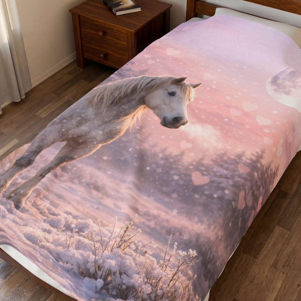 White Horse in Pink Winter Moonlight Blanket | Magical Snowy Forest