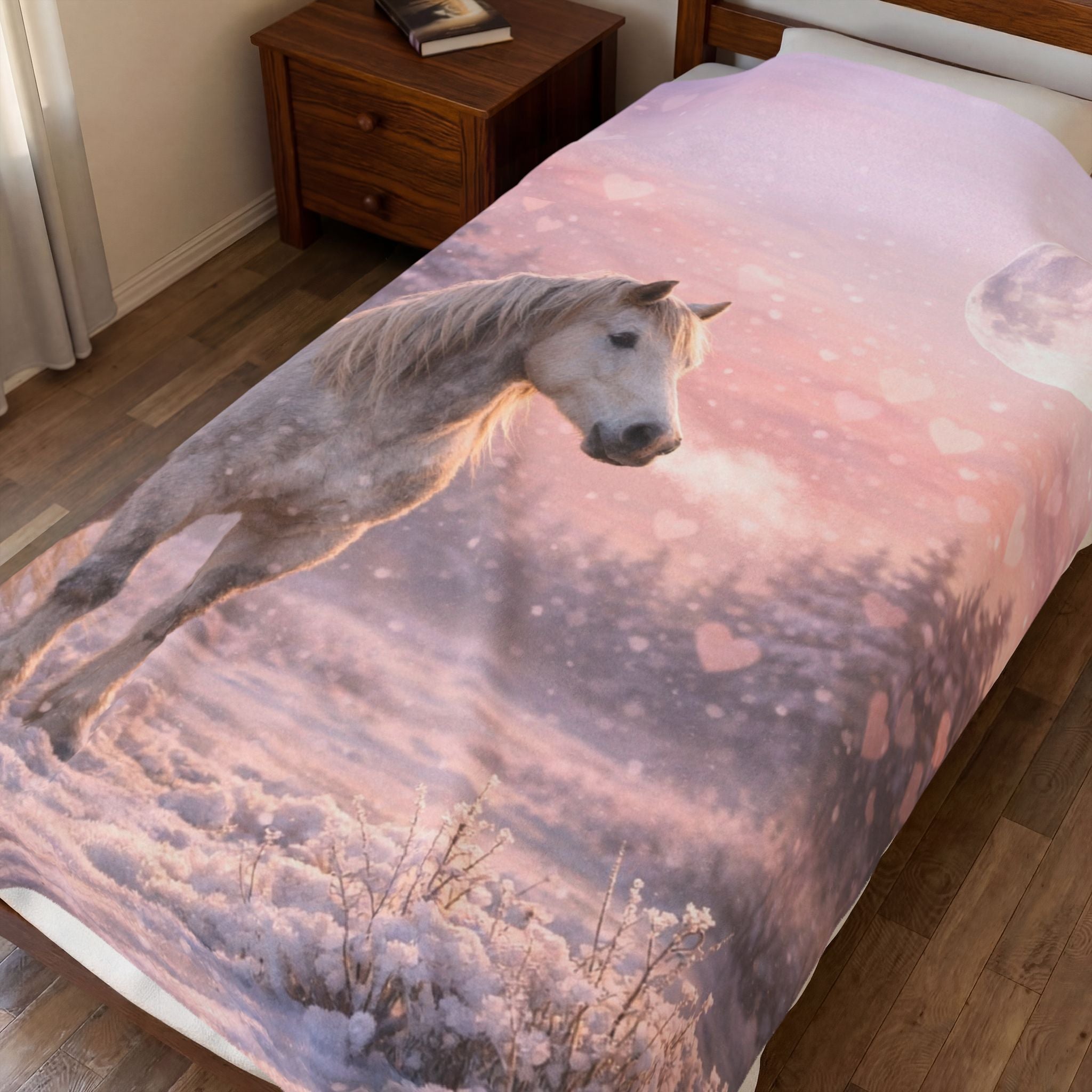 White Horse in Pink Winter Moonlight Blanket | Magical Snowy Forest