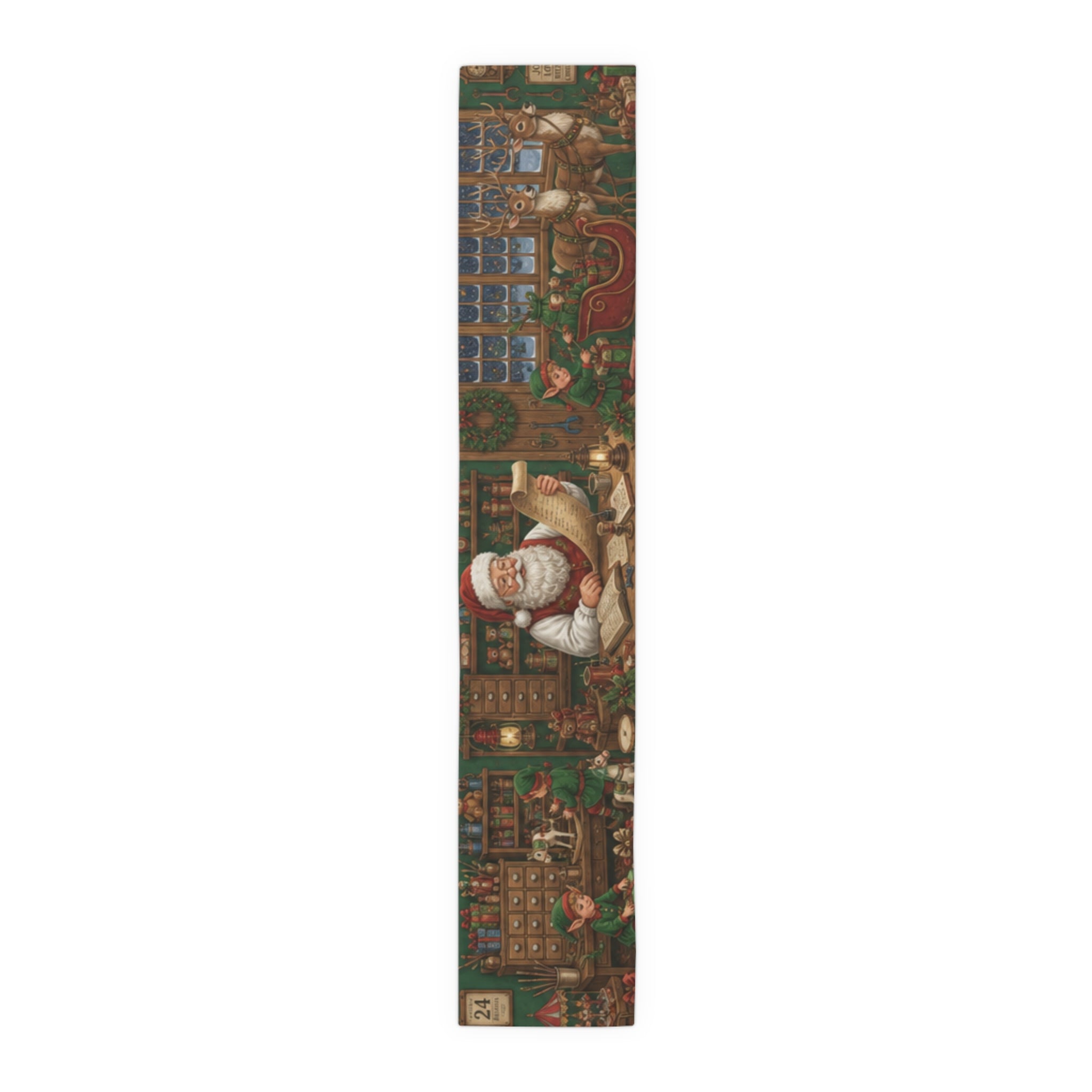 Santas Workshop Scene Table Runner | Santa, Elves & Reindeer Holiday Decor